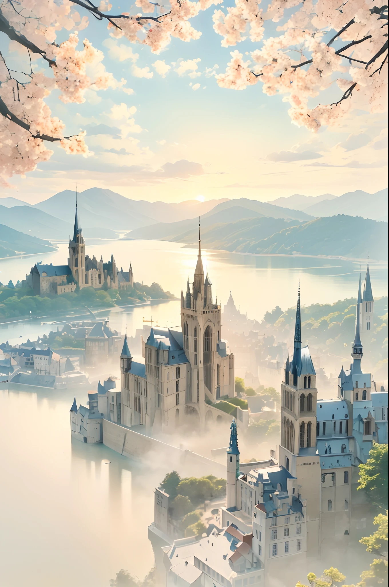 Monasteries like Mont Saint-Michel floating in the air. The monastery rises into the sky from the lake, And trees々or soil falls from the sky into the lake. The monastery is illuminated by a beautiful sunset, Create fantastic scenes.(Because it is very realistic、Viewers mistake it for a photo with a very detailed description),(Situations that cannot happen in real life)、ultra-detailliert、Aesthetic、masterpiece、top-quality、Photorealsitic、Looks great、Dramatic shadows、A landscape where evidence floats dimly
