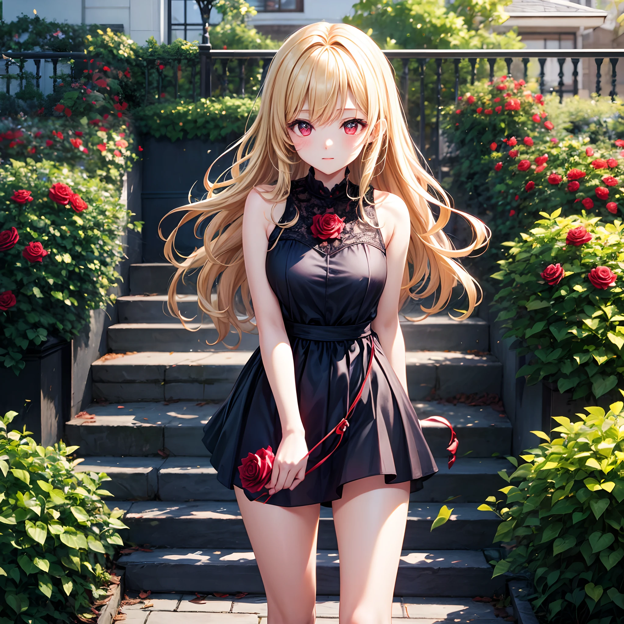 Wavy blonde、red eyes、Black dress、Bright red rose garden、a miniskirt