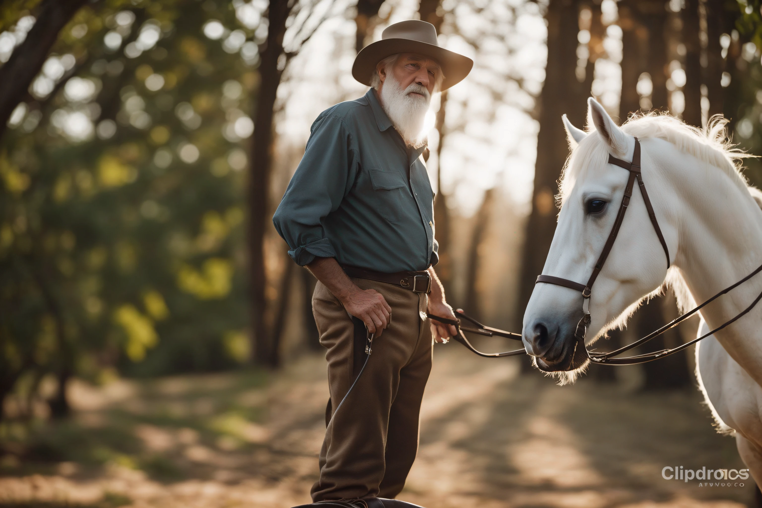 There is a man with a beard and hat next to a white horse, vaqueiro, retrato do vaqueiro, old man, fotografia equina, 🐎🍑, com cavalo conduzido, gray hair and a cowboy hat, Directed by: Andrew Wroblewski, cabelos brancos e barba branca, Handsome, longos cabelos brancos e barba branca, Gigachade velho com barba cinzenta