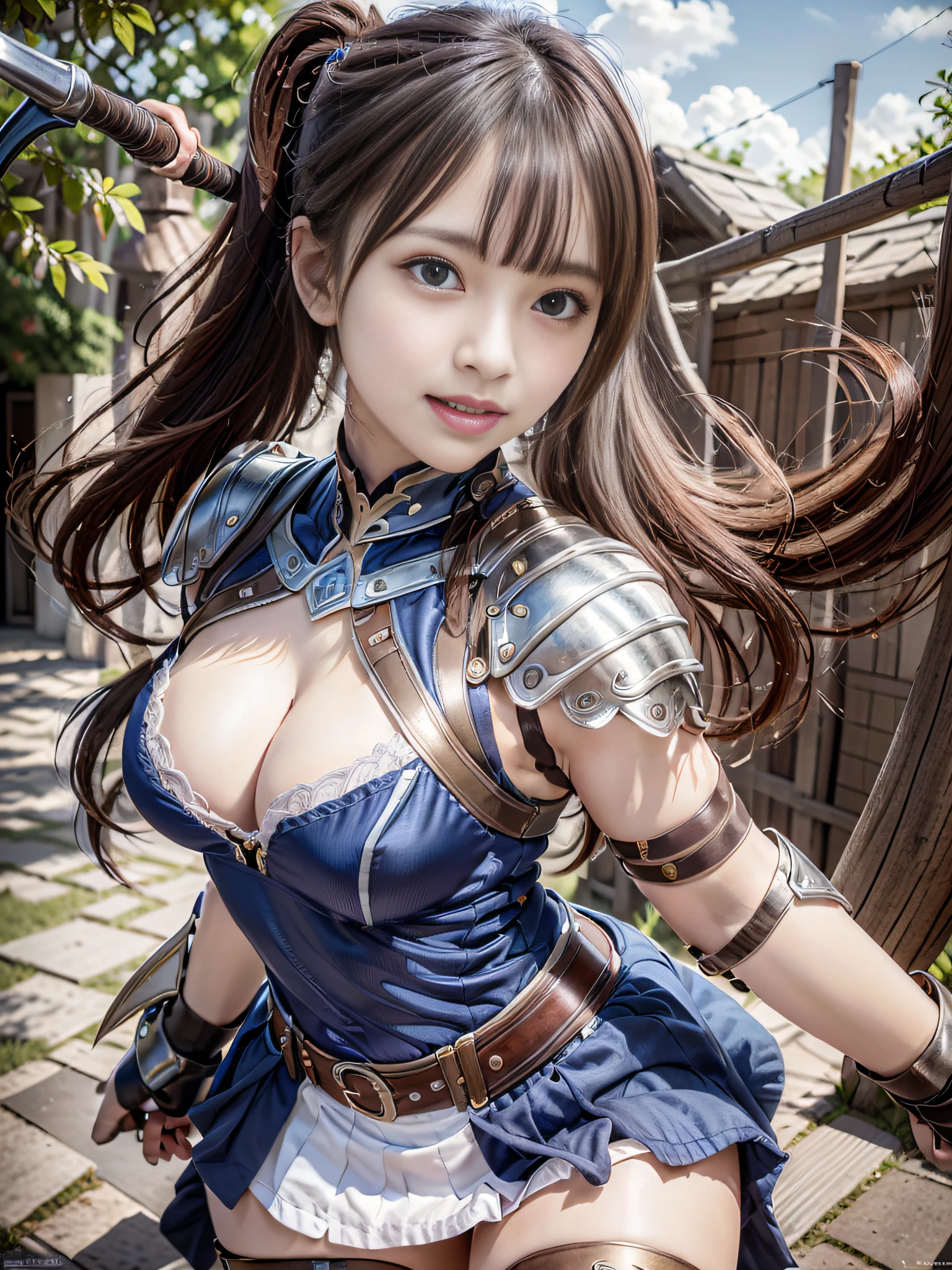 (top-quality:1.32), (The ultra -The high-definition:1.4), (hight resolution: 1.3), (CG Unity 8k wallpapers:1.2), (Detailed eyes and skin:1.35), (detailed facial features:1.25), (Detailed pupils:1.36), precise and perfect human body structure, (Textured skin: 1.26), high-level image quality、large filesize、fulcolor、Low noise、
(Photorealistic, Many award-winning photos: 1.27), depth of fields, Shading by sunlight、
Show white teeth and smile, cleavage of the breast, large full breasts, Attractive thighs, abdominals,
(poneyTail: 1.47), Brown hair, (Blue eyes: 1.28), thick bangs, Blue Ribbon,
((Western armor:1.2)), a miniskirt、White panty、The part peeking out of the skirt、Spear in hand, Multiple males attacking, Female Warrior Wielding Weapon, combat scene, battle field,