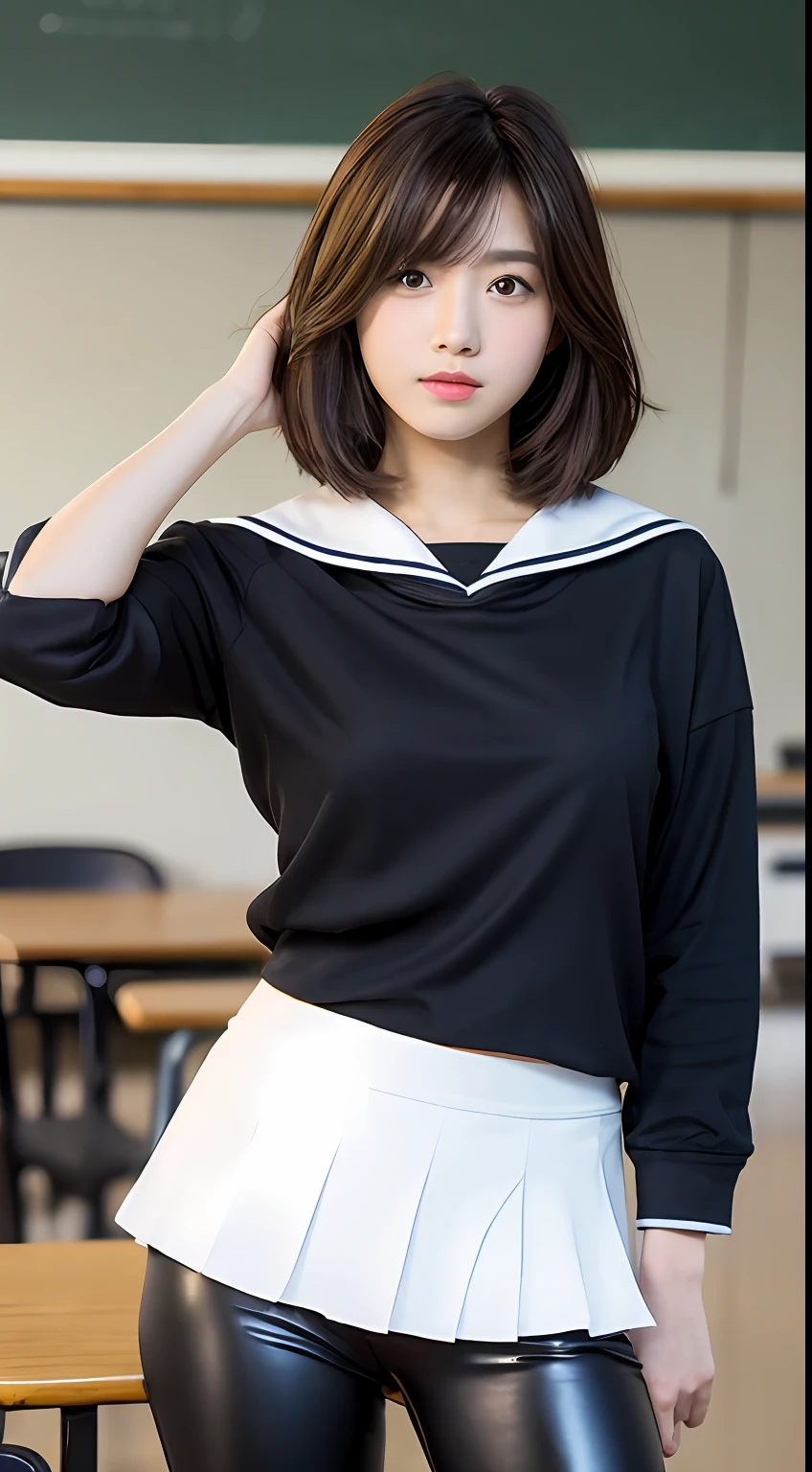 (Top Quality, 8K, Masterpiece: 1.3)), Focus: 1.2, Perfect Body Beauty: 1.8, Ass: 1.2, ((Layered Haircut, Breasts: 2.5)), Japan High School Girl, Sailor Suit Worn by Japan High School Student, JK, Junior High School Student, (School, Classroom), Highly Detailed Face and Skin Texture, Big Eyes, Tanuki Face, Double Eyelids, Whitened Skin, Shoot Cut, black leather leggings, shiny leggings
