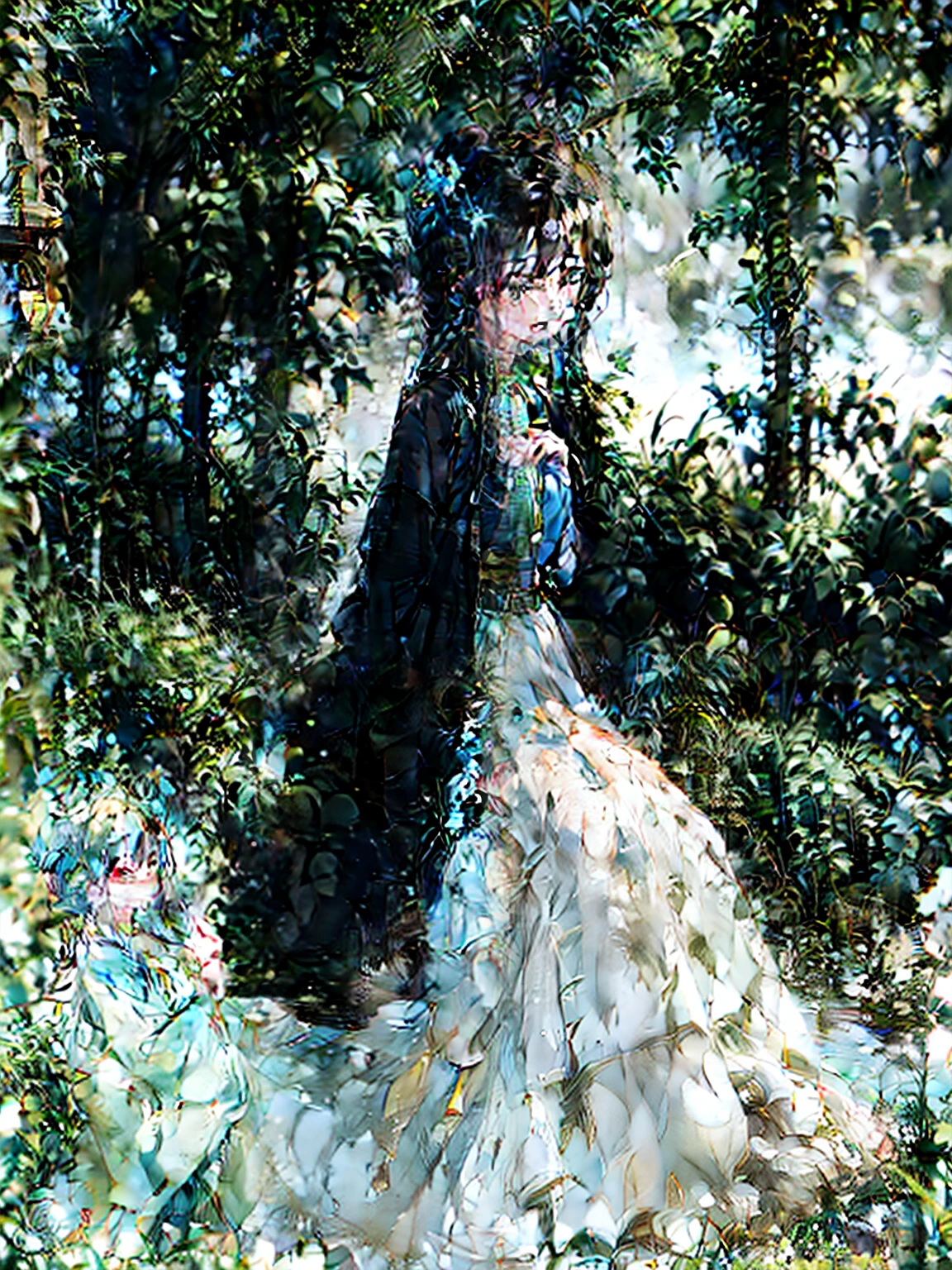 Painting of a woman in a dress in a forest - SeaArt AI