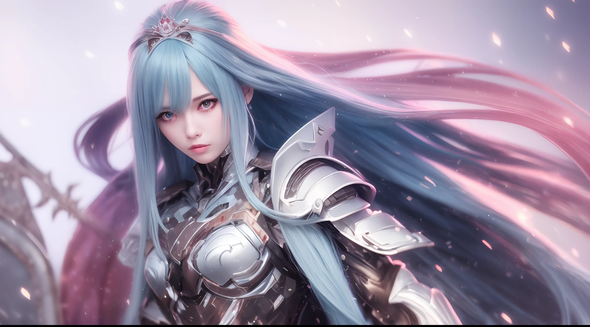 Gray hair, blue color eyes, Red eyeshadow, ssmile, slightly red face, Feminine expression, The delicate face shape is perfectly described, Eye-shaped necklace, Mecha armor，Clear lines, White gloves，Metal streamers, Metallic glossy wing，Wielding a shining thunder sword，Best photo quality, 16K High Resolution, Colored inner hair, Inner dyeing asymmetrical hairstyleAsymmetrical hairstyle, Side drill single-sided drill bit roll, hyper HD