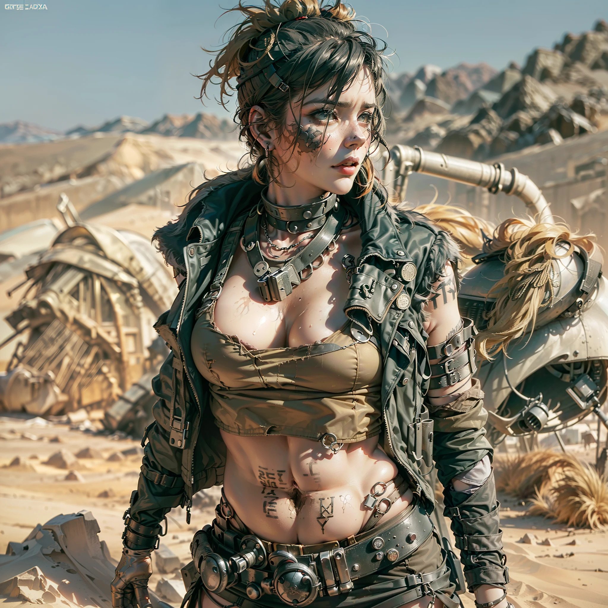 (((,desert punk clothes, mad max clothes,wasteland clothes))),sexy body, sexy clothes, big breast,marked cameltoe, big ass,In a desolate wasteland,(((una caravana llena de mujeres guerreras del desierto gritando y maldiciendo enfadas colgadas de puertas y techos)))