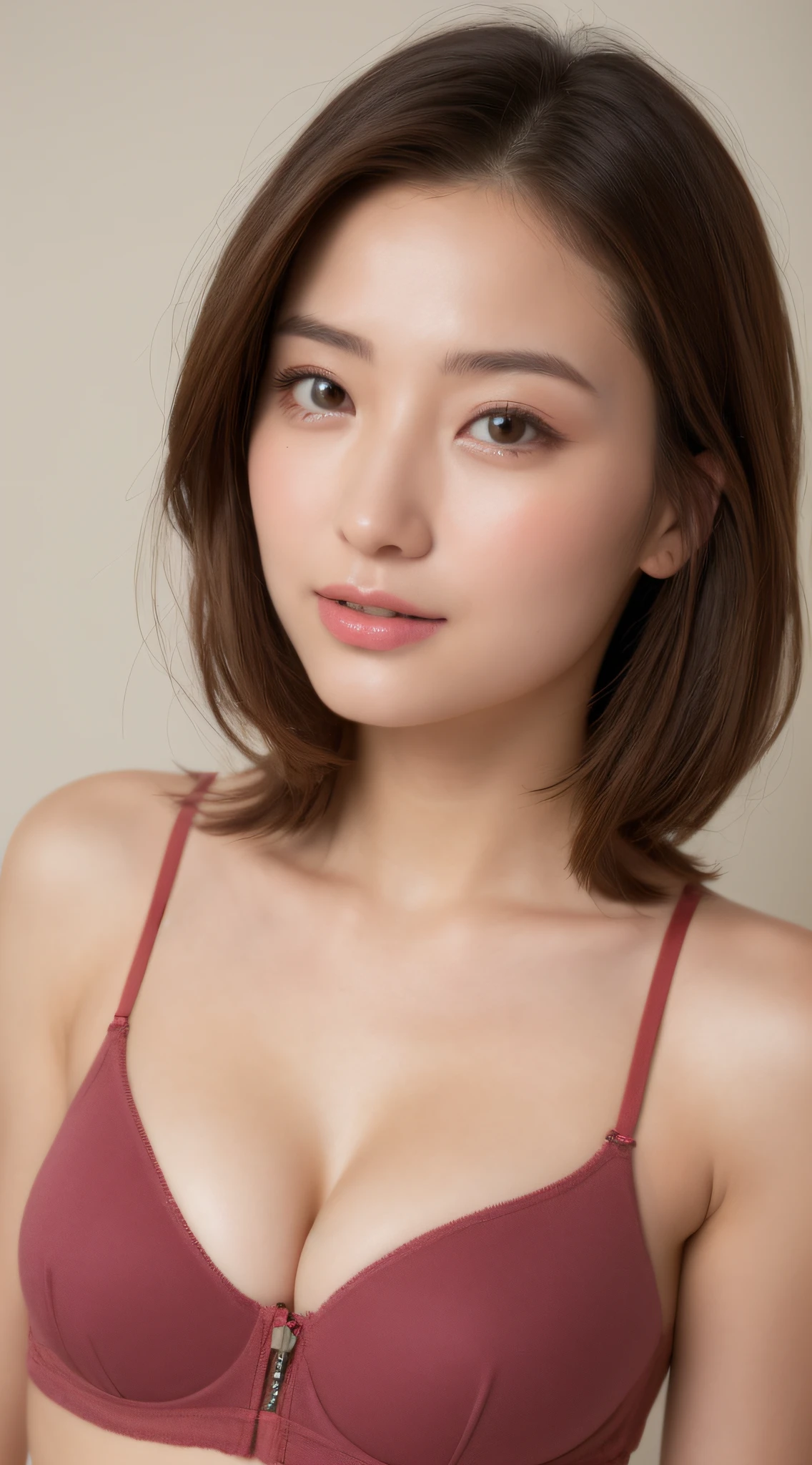 ((Best picture quality, 8K, tmasterpiece:1.3)), 1girll, Beautiful woman with slender abs:1.3, (Casual hairstyle, :1.2), Pink low-cut bra,Super large,The skin is very white,Ultra-fine face, A detailed eye, 二重まぶた,ssmile。Take pictures in cute poses,The figure is very bad,tiny small waist,Super big breasts,Close-up,Close-up chest,White-skinned,The background is casual,Close-up Shot Shot