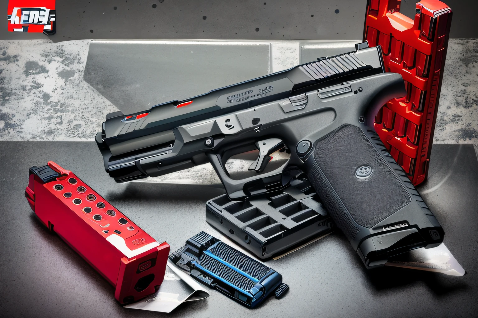 Guns and magazines on the table,Product image from Gun Magazine,Pneumatic pistol,Firearms photography,Pneumatic pistol,Armed with an HK pistol,futuristic pistol,hand gun,conceito,lower quality,with pistol,Red pneumatic pistol,Detailed trigger,Colored pneumatic pistol,hand gun,🕹️ 😎 🔫 🤖 🚬,aesthetic shot。