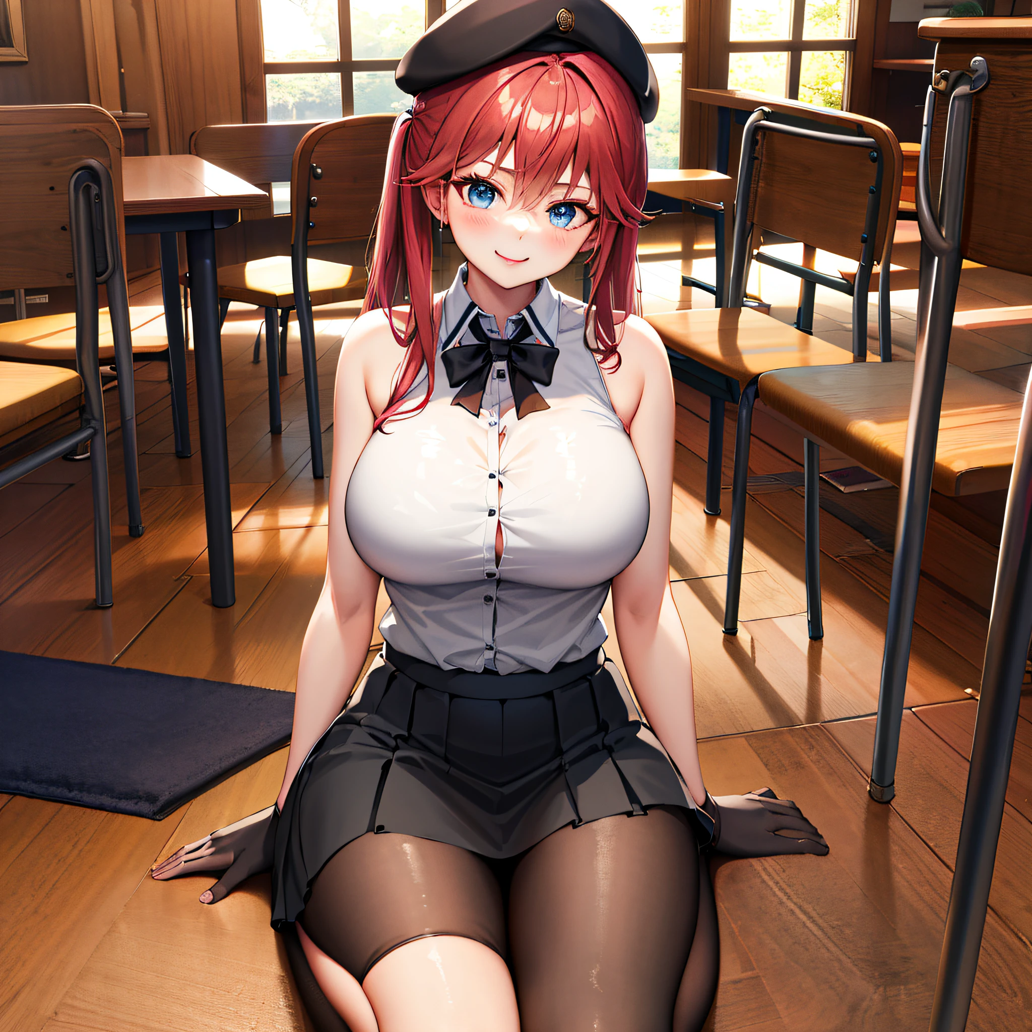 tmasterpiece， Best quality at best， A high resolution， Lilith 1， 1girll， 独奏， pigtails， Hats， beret， gloves on the elbow，Bandeau，Bigchest， black thighhigns， 无袖， black glove， sleeveless shirts，big cleavage breasts， exposed bare shoulders， pleatedskirt， a black skirt， mini-skirts， cow boy shot， ssmile， coffeehouse， kawa， desks， Sat down， Cross ed leg，sexyposture，vibrant with colors