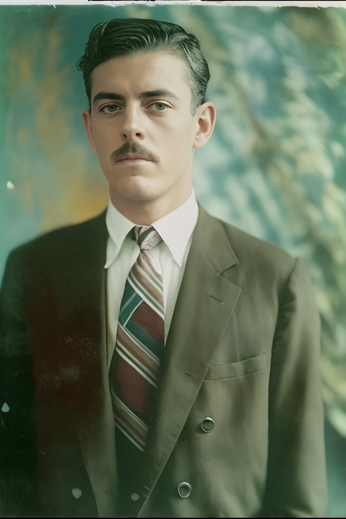 Foto de um homem de terno e gravata, fotografia colorida antiga, fotografia colorida, uma foto colorida, foto colorida, foto colorida antiga, hand - tinted, colorido, colorized photon, foto colorida, autochrome pearl portrait, fotografia de baixa qualidade, fundo colorido, fotografia antiga realista, fotografia retrato colorido, cor restaurada, foto danificada, colorido