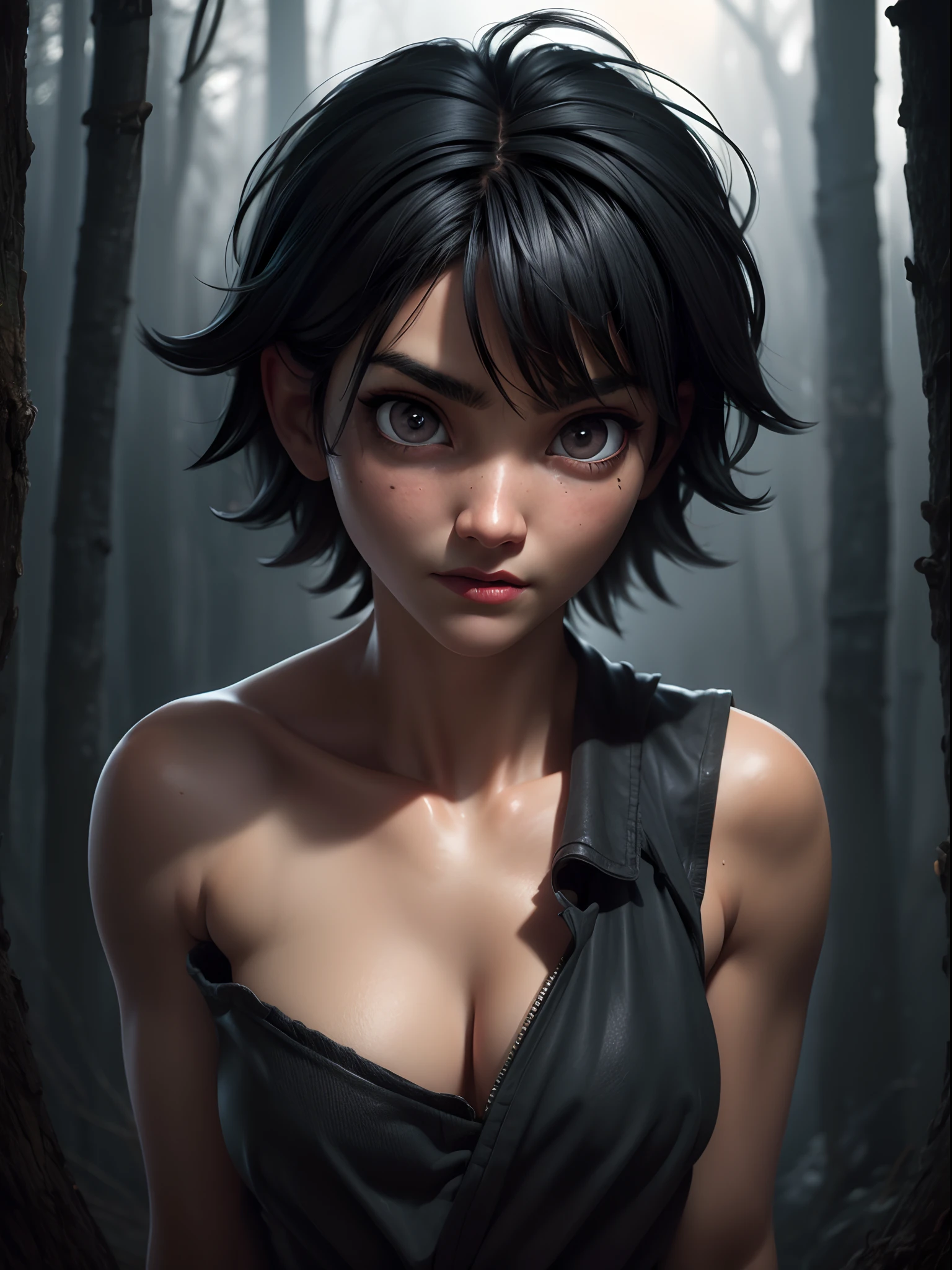 1girl, short black hair messy, black eyes, psycho look, gray haze around, peeking out upper body, dark forest, ???????, 16k