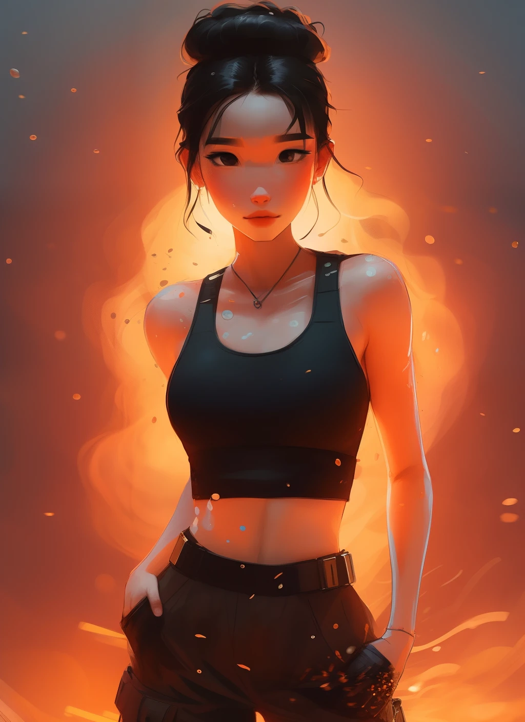 samdoesarts; award winning half body portrait of a beautiful woman in a croptop and cargo pants, firefly, splashes, hair in a bun,water splatter, outrun, vaporware,  digital art, trending on artstation, highly detailed, fine detail, intricate,matte painting