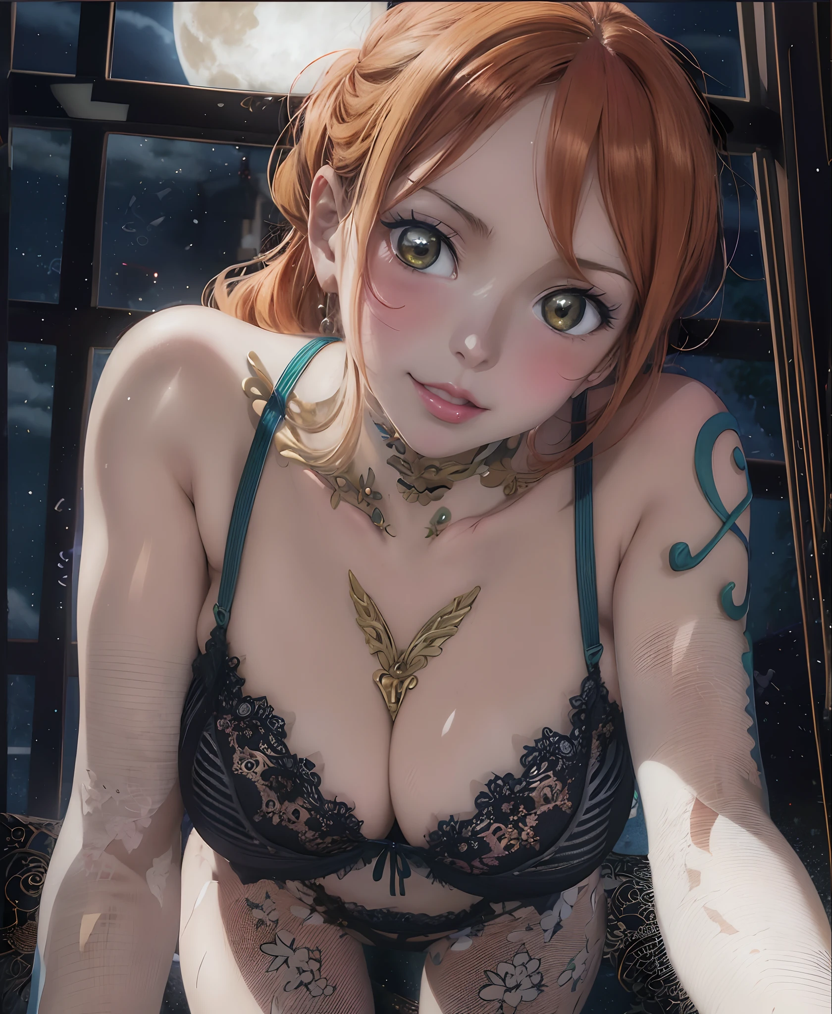 Anime girl in lingerie against the background of the full moon, Nami of one piece, nami one piece, beautiful portrait of nami, Seductive Anime Girl, Nami, a female anime character, beautiful alluring anime woman, Anime Best Girl, Female protagonist 👀 :8, beautiful anime woman, charming anime girls, style of hajime isayama, anime woman