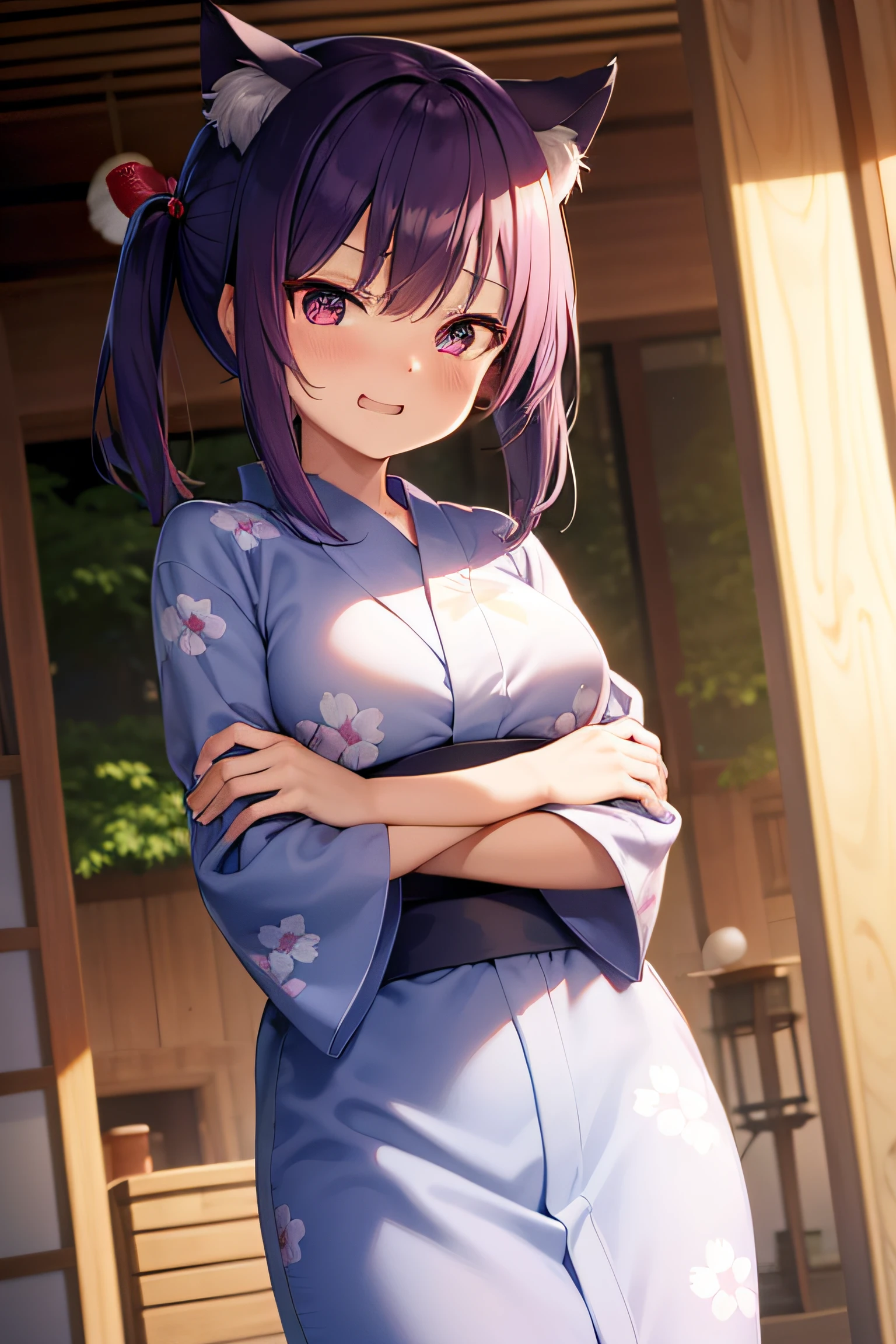 Anime style, tusk, Cat ears, grin, skinFang, light blue yukata, omatsuri, skyrocket, natta, Purple hair, ｛short twintails｝, surrealism, drop shadow, anaglyph, stereograms, Near and far law, Anime style, animesque, Image Fill, From below,Super Detail, ccurate, Best Quality, hightquality, Anatomically correct, hight resolution, in 8K, 16K、nffsw、Shaders、Brilliant Textured Work, Yukata, moe, Breasts are big,　Floral yukata, Dark light, toffee apple,　matsuri, food stand, ｛Background fill｝