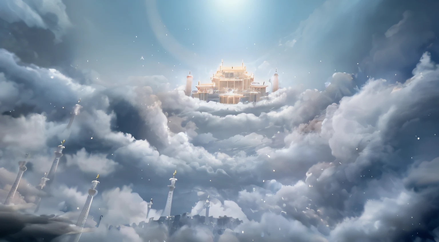 There is a picture of a castle in the clouds with a sky background, floating city on clouds, palace floating in the sky, flying cloud castle, Cloud Palace, Floating city in the sky, palace floating in heaven, castle made of clouds, lie on white clouds fairyland, floating lands in-clouds, 4k highly detailed digital art, paradise background, Temple background