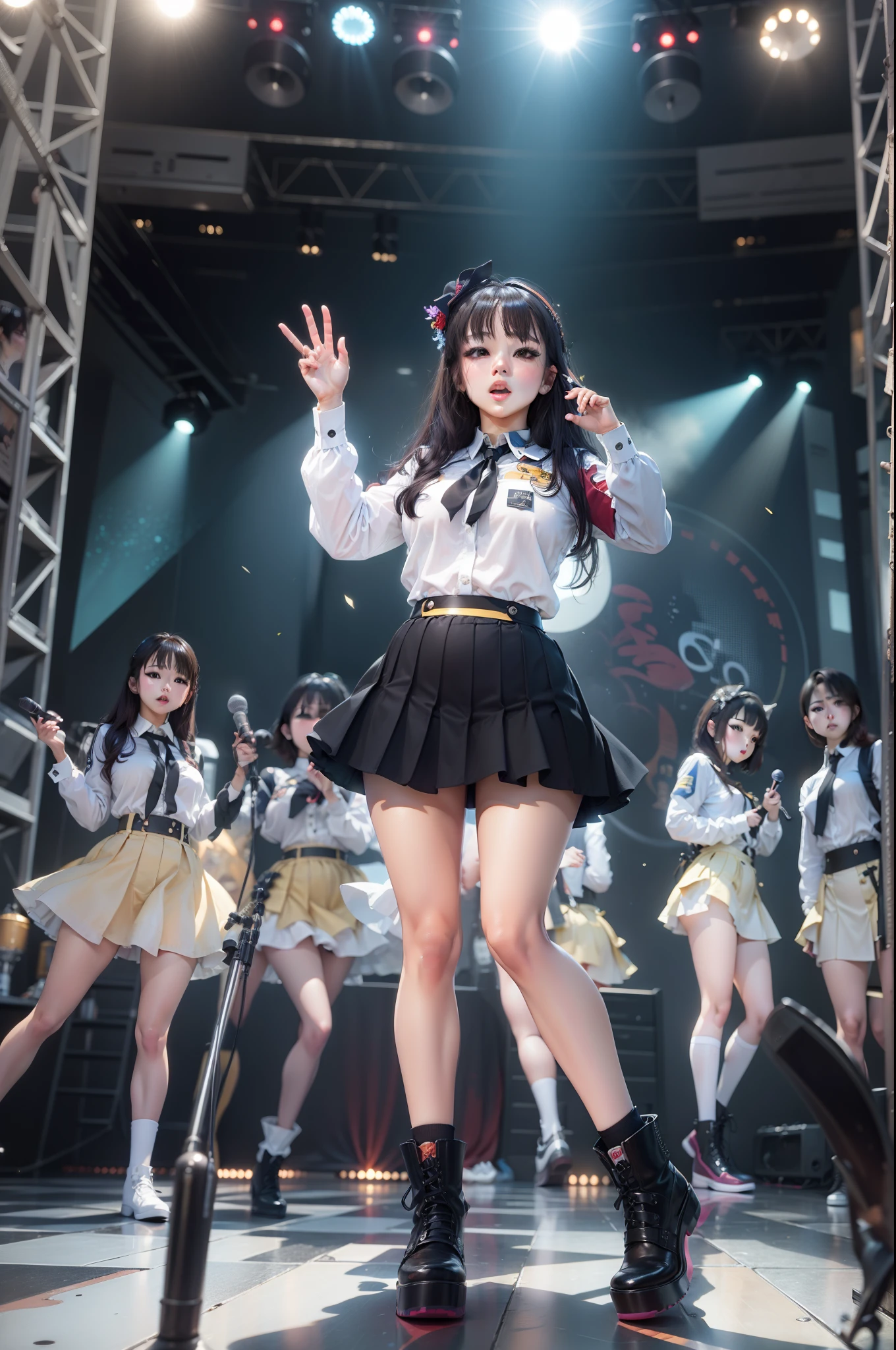 Beautiful full-length photo of an idol singer、Masterpiece Quality、Shining Girls、Miniskirt Uniform、Bright stage lighting、Rock Stage、ultra wide-angle、from below, bimbo