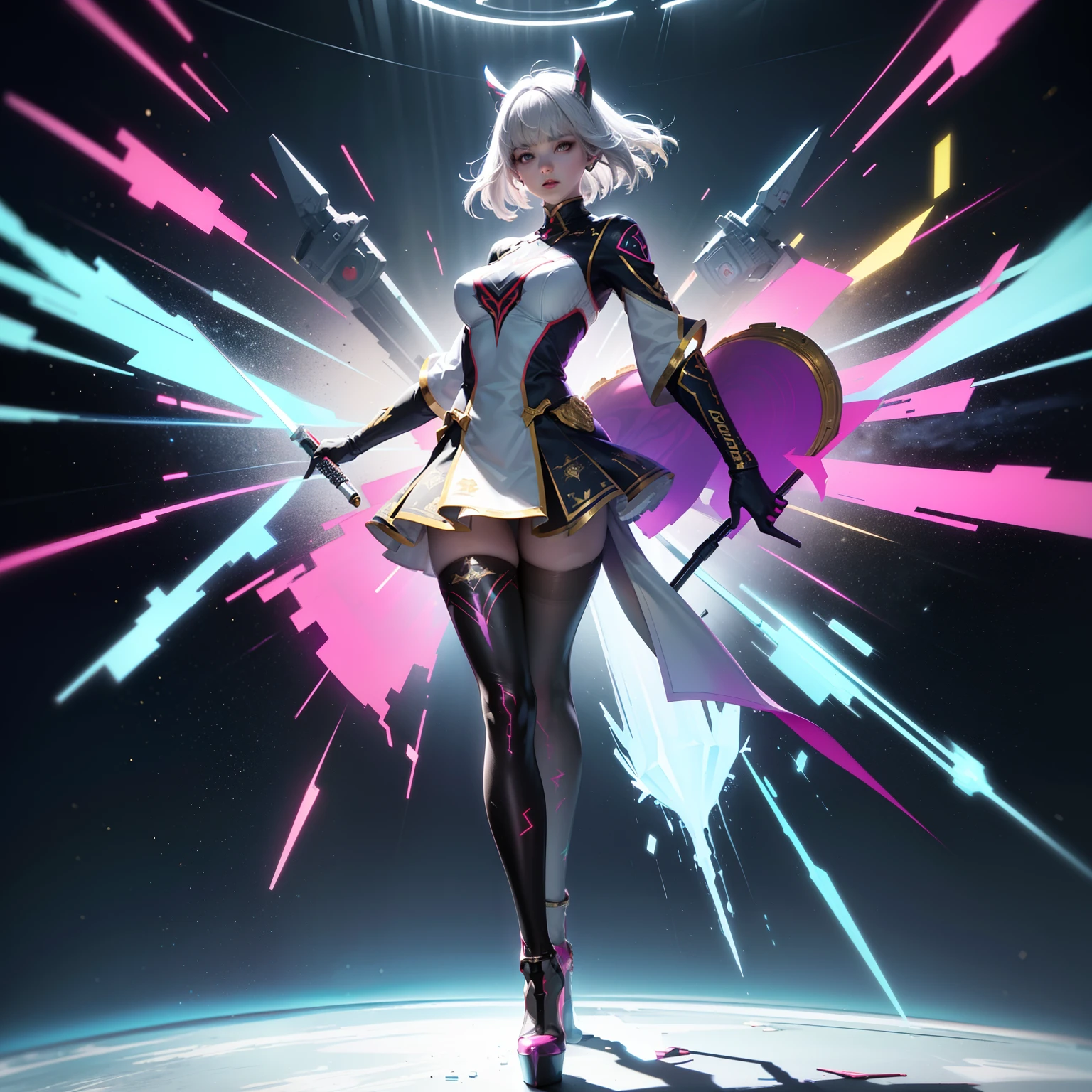 (full body:1.5),(1girl:1.3),(looking at viewer:1.4),(anatomy correct:1.3),(Wearing Printed Fantasy Ultraman suit and pointed high heels ,and Very thick Printed Lolita Pantyhose :1.35), (Light particle effect:1.3),(In pink | amarelo | blue colors| green color |red colors | white colors| black in color| purpleish color| greys| Beige| Flesh color 1.4),(Glowing eyes:1.3),(Large amplitude action: 1.3),(Accurate and perfect face:1.4),(Clothing Gloss:1.25),(Skin reflection:1.25),hyper HD, Ray traching, reflective light,structurally correct, Award-Awarded, high detal, lightand shade contrast, Face lighting,cinmatic lighting, tmasterpiece, super detailing, high high quality, high detal, best qualityer, 16k,high contrast,