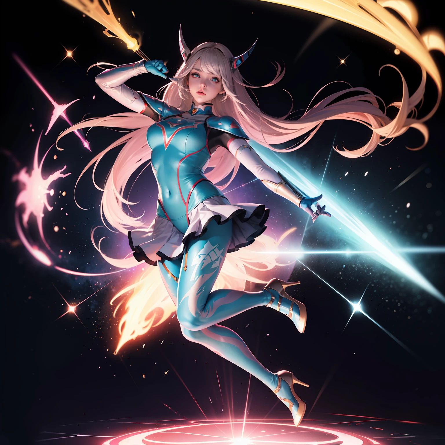 (full body:1.5)，(1girl:1.3),(looking at viewer:1.4)，(anatomy correct:1.3),(Wearing Printed Fantasy Ultraman suit and pointed high heels ，and Very thick Printed Lolita Pantyhose :1.35), (Light particle effect:1.3),(In pink | amarelo | blue colors| green color |red colors | white colors| black in color| purpleish color| greys| Beige| Flesh color 1.4)，(Glowing eyes:1.3),(Large amplitude action: 1.3)，(Accurate and perfect face:1.4),(Clothing Gloss:1.25),(Skin reflection:1.25),hyper HD, Ray traching, reflective light，structurally correct, Award-Awarded, high detal, lightand shade contrast, Face lighting，cinmatic lighting, tmasterpiece, super detailing, high high quality, high detal, best qualityer, 16k，high contrast,