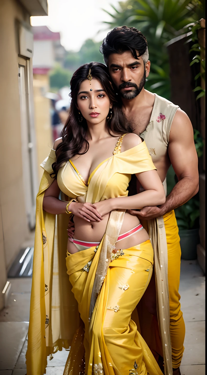(old hairy dirty old man with torn clothes 90 years bearded),(Holding her from behind and talking in her ear),other men catching her ,picking up in lap, Indian full yellow saree,40k, photography, masterpiece, best quality, (1 indian girl ), (Indian full yellow saree cover full body),elderly man leaning against her from behind picking her up,