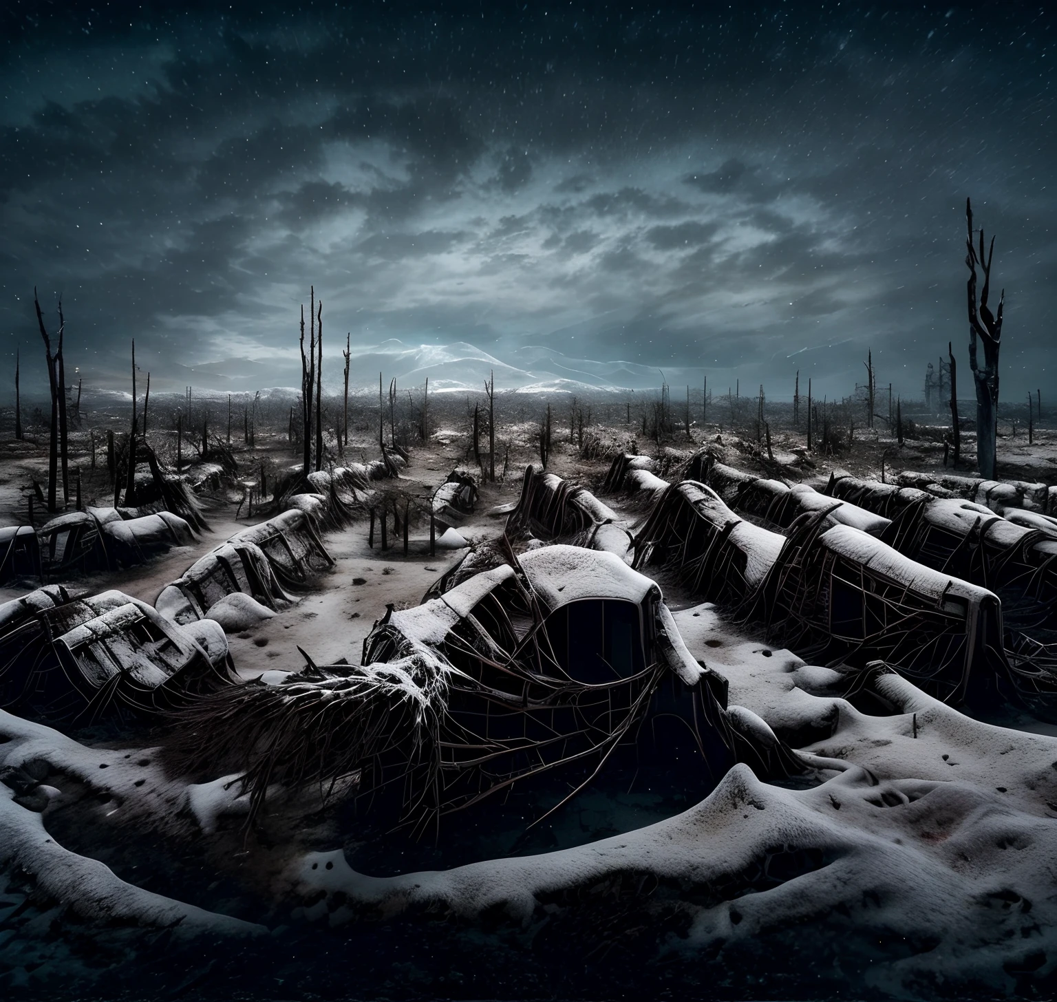 snowy landscape with a dark sky and a few dead trees, apocalypse landscape, ! apocalypse landscape!!, apocalypse landscape!!!!!, apocalyptic landscape, dead forest, beautiful dark creepy landscape, dystopian landscape, beautiful dark landscape, dark landscape, in a dystopian landscape, post apocalyptic landscape, desolated wasteland, dystopian alien landscape, desolate land, renascentist style, painting