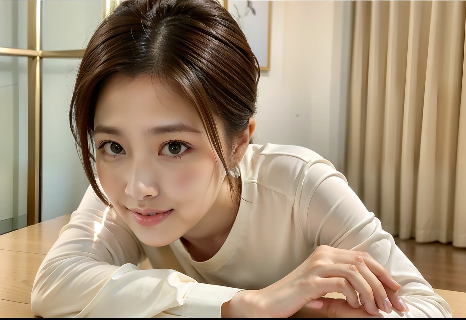 There is a woman lying on a table in a silver long-sleeved shirt and posing,