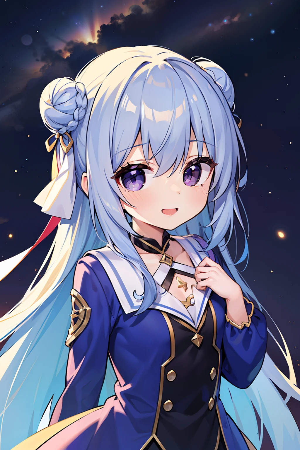 masterpiece, best quality, 1girl, solo, long hair, looking at viewer, (sky blue hair), ((curly hair)), double bun hair, bun on both sides, ((purple eyes)), smile, laughing, blue Magic girl dress, long sleeves, in the universe, (with many stars), with a shooting star, milky way background, a yellow cross bag, , 8k, super detail, masterpiece, high quality, high resolution, high detail, high face detail, HD quality, ((upper body)), (((cute))), (happiness)