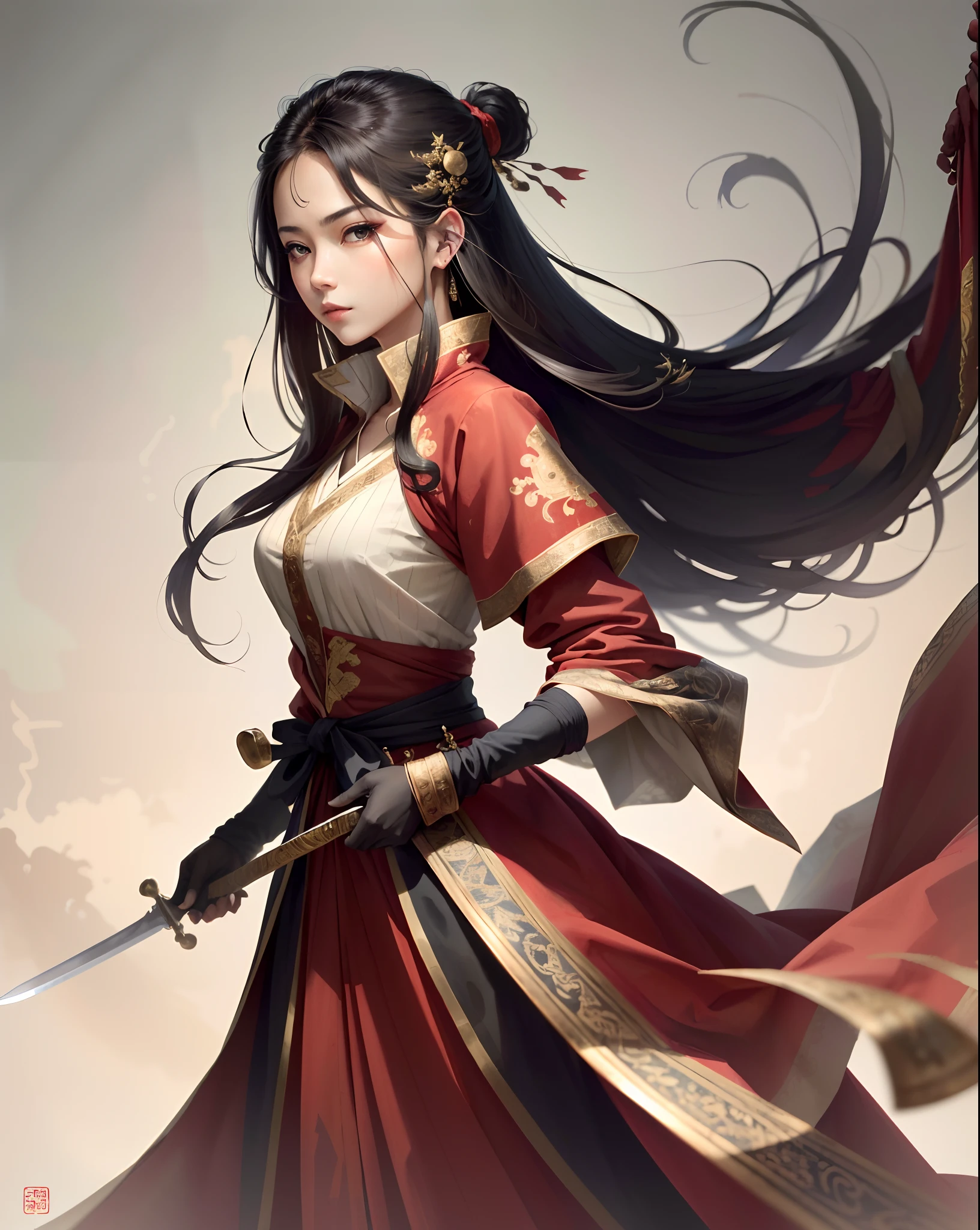 An ancient woman dressed in red,Long flowing hair,Sword in both hands,Ink painting style,Shada,Danfeng Eyes