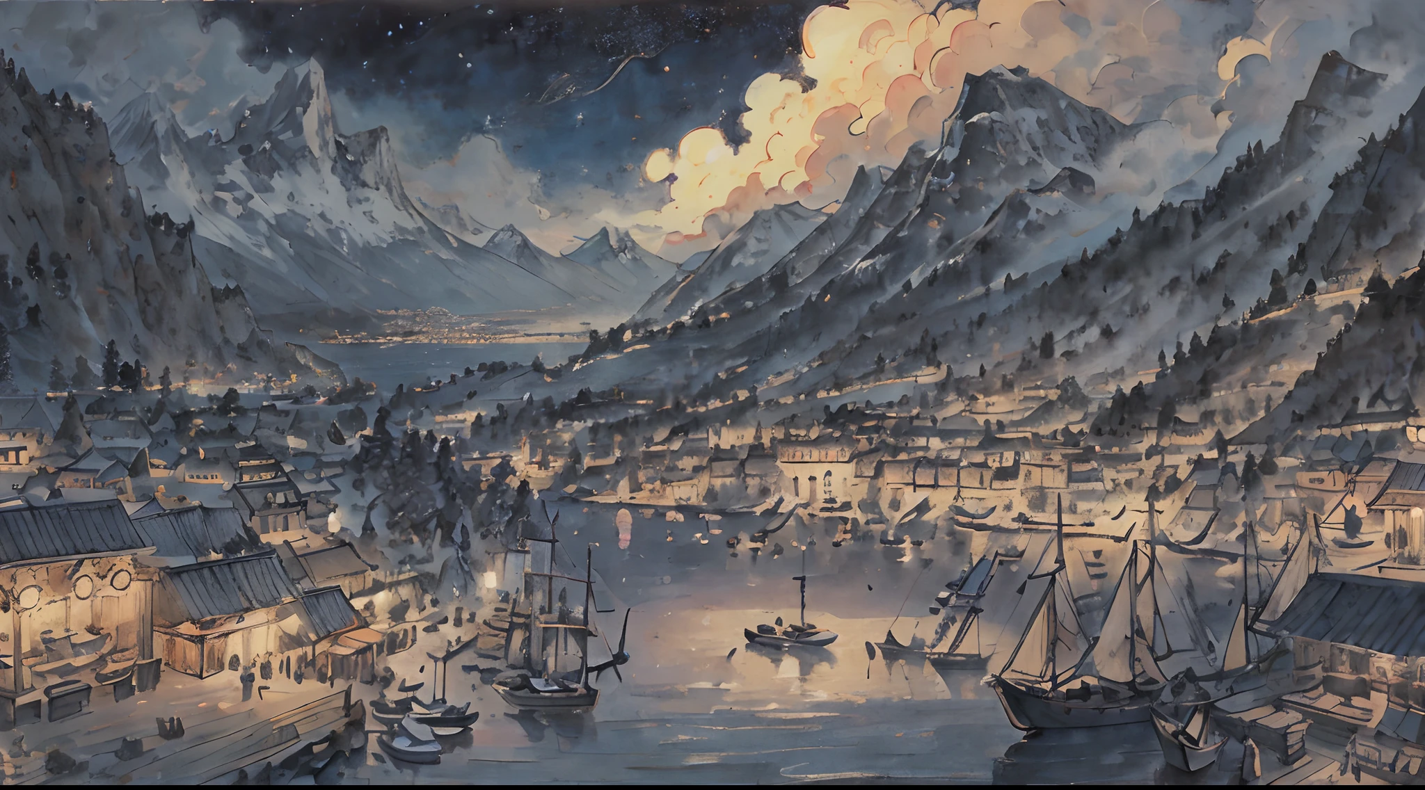 masterpiece, best quality, beautifully detailed, highly detailed, small port town, beautiful seas, boats, mountain ranges, night-time, marketplace, 8k