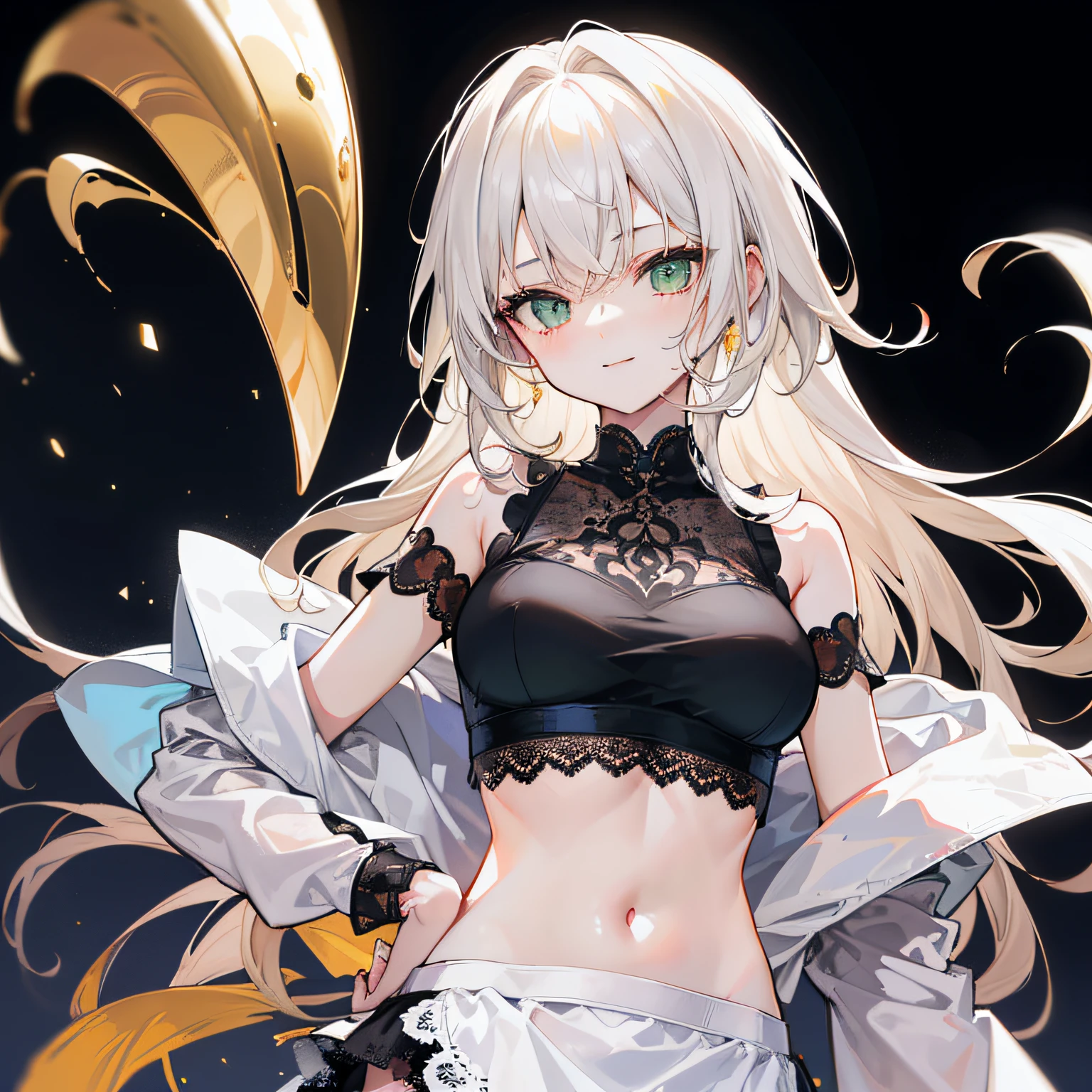 (MASTERPIECE), (Best Quality), (Ultra Detail), (Best Anatomy), Official Art, One Girl, Light-Colored Haired Loli, Petite Little Girl, Magical Girl, See-Through Witch Costume, Small, Cleavage, Off Shoulder, Underboob, Side Boob, Thigh Focus, Navel Out, Hands Behind Body, Chest Stretched, Card Illustration, Deep Forest Fountain