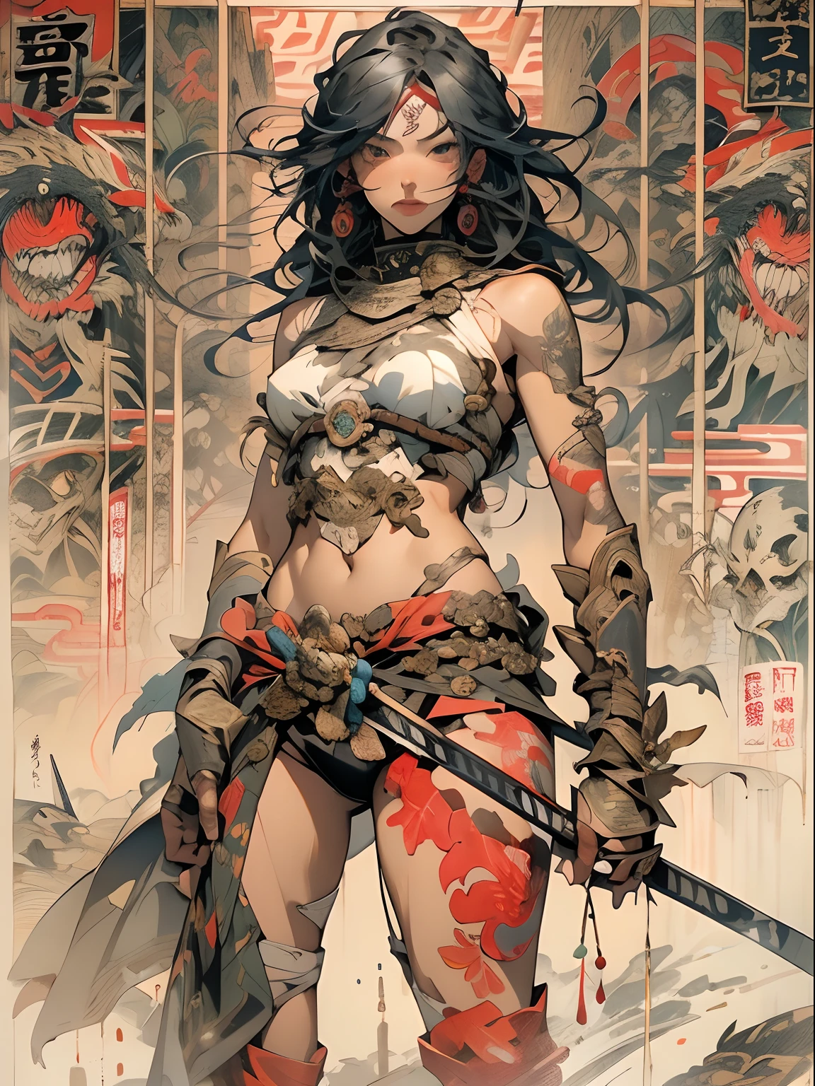 (((mulher))), (((melhor qualidade))), (((obra prima))), (((adulto))), ((( Japanese ))), view from the knee up, A beautiful Asian samurai woman with perfect body, Samurai Moderno, ((( Asian))), Hand with gloves and protection on the left arm made of steel and metal tips, olhos puxados, (( parte de baixo dos peitos aparecendo )), (( Tiny floss )), almost naked in Simon Bisley's urban wilderness style for a high-resolution poster, cabelo liso, Minimum clothing, armadura (roupas loucas ), cheio de pontas e rebites, tatuagem tribal, (((corpo inteiro))), cabelo preto liso com as pontas coloridas, Symbol of the rising sun