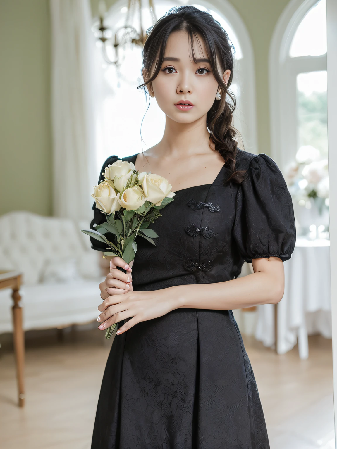 There was a woman in the room holding a bouquet of flowers, Romantic dress, lovely black dress, she wears a black dress, Dark dress, Elegant dress, Black dress, dark black dress, Official product image, Puff sleeves, wearing black old dress and hat, With flowers, With black, lady with glowing flowers dress, black victorian dress, black dress with belt