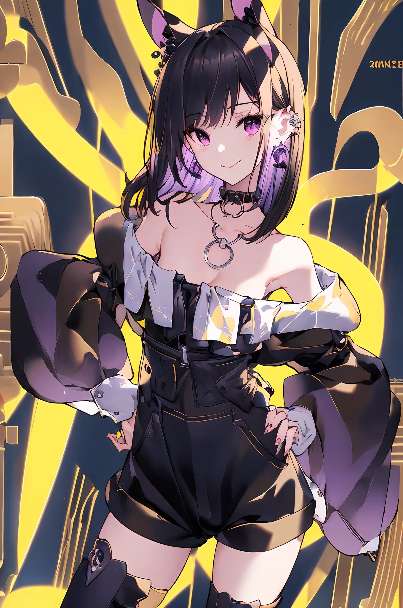 masterpiece, best quality,PIXIV,
1girl, solo, black hair, pantyhose, o-ring, purple eyes, breasts, shorts, looking at viewer, bare shoulders, hand on hip, smile, jewelry, short hair, earrings, animal ears, black shorts, collarbone, medium breasts, multicolored hair, midriff, virtual youtuber, fake animal ears, crop top, bangs, cowboy shot, closed mouth, long sleeves, puffy sleeves