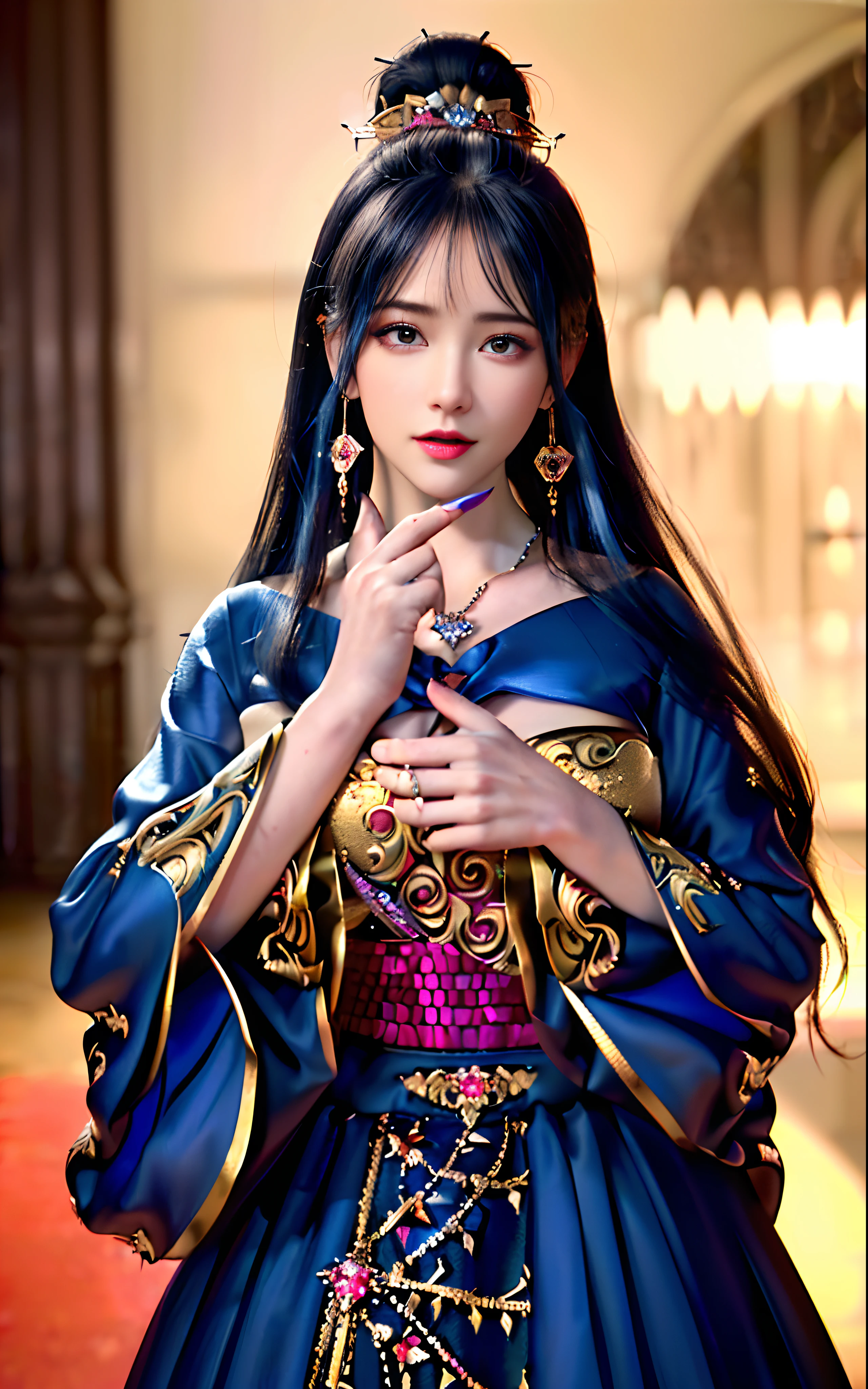 ((realisticity: 1.2)), ((realistic: 8K UHD)), ((best resolution: 8K UHD)), hyper detailed, best quality,masterpiece,highres,cg, ((1 girl hyper detailed and hyper realistic) ) , ((beautiful queen, hyper realistic and hyper detailed)),((white skin, beautiful, smooth, youthful, hyper realistic and hyper detailed )), ((Face hyper beautiful, white, hyper realistic and hyper detailed ) ), long hair, ((hyper realistic and hyper detailed dress)), solo, ((hyper realistic, hyper beautiful, beautiful and hyper detailed jewelry)), ((hyper beautiful deep red and golden yellow dress, hyper realistic and hyper detailed )) , ((Her pretty, hyper realistic, hyper detailed diamond filled earrings)), ((Her gorgeous diamond haircut, hyper realistic and hyper detailed)), ((hyper pretty upper body, hyper beautiful, hyper realistic and hyper detailed) ), ((medium breast: 1.1)), ((hyper realistic, hyper pretty, hyper detailed boobs)), ((the backgroun of the royal palace is hyper majestic, hyper realistic and hyper detailed)),((hands and palms hyper beautiful, hyper detailed, hyper realistic)), ((hyper detailed and hyper realistic fingers and fingernails)), ((hyper pretty fingernails, hyper vivid, hyper detailed, hyper realistic)), ((thumb, index finger, middle finger, ring finger, little finger hyper vivid, hyper pretty, hyper detailed, hyper realistic)),  
((hyper beautiful fingers, hyper detailed, and hyper realistic)), ((posture not too fat and not too thin, hyper realistic, hyper detail)), ((hyper pretty, hyper pretty, hyper realistic and hyper detailed hair bun)), ((hyper pretty , hyper realistic and hyper detailed blue hair)), candid, Photo, high resolution, 8k , bokeh,
