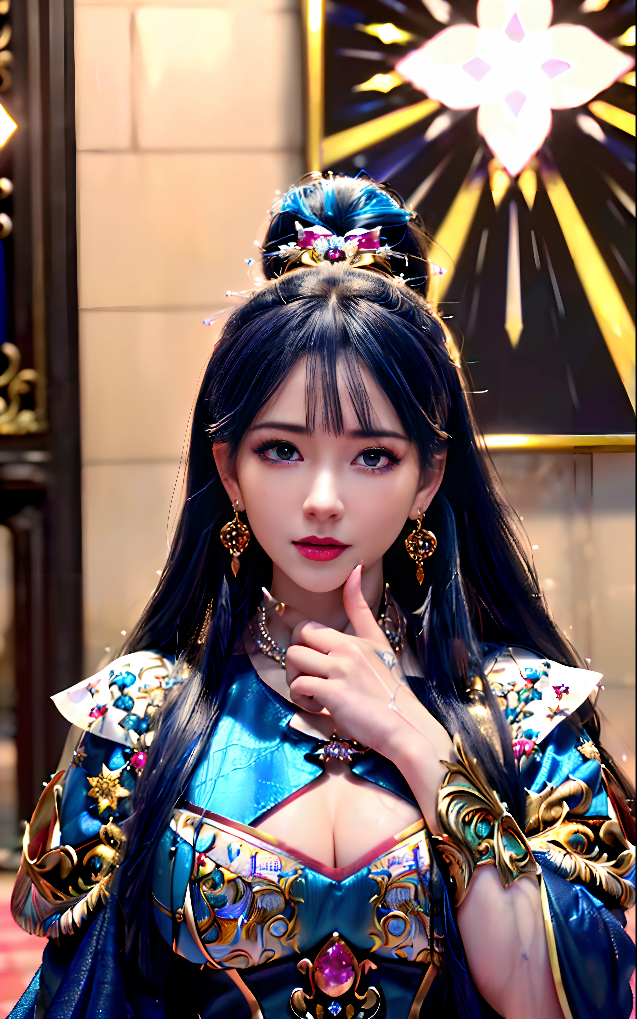 ((realisticity: 1.2)), ((realistic: 8K UHD)), ((best resolution: 8K UHD)), hyper detailed, best quality,masterpiece,highres,cg, ((1 girl hyper detailed and hyper realistic) ) , ((beautiful queen, hyper realistic and hyper detailed)),((white skin, beautiful, smooth, youthful, hyper realistic and hyper detailed )), ((Face hyper beautiful, white, hyper realistic and hyper detailed ) ), long hair, ((hyper realistic and hyper detailed dress)), solo, ((hyper realistic, hyper beautiful, beautiful and hyper detailed jewelry)), ((hyper beautiful deep red and golden yellow dress, hyper realistic and hyper detailed )) , ((Her pretty, hyper realistic, hyper detailed diamond filled earrings)), ((Her gorgeous diamond haircut, hyper realistic and hyper detailed)), ((hyper pretty upper body, hyper beautiful, hyper realistic and hyper detailed) ), ((medium breast: 1.1)), ((hyper realistic, hyper pretty, hyper detailed boobs)), ((the backgroun of the royal palace is hyper majestic, hyper realistic and hyper detailed)),((hands and palms hyper beautiful, hyper detailed, hyper realistic)), ((hyper detailed and hyper realistic fingers and fingernails)), ((hyper pretty fingernails, hyper vivid, hyper detailed, hyper realistic)), ((thumb, index finger, middle finger, ring finger, little finger hyper vivid, hyper pretty, hyper detailed, hyper realistic)),  
((hyper beautiful fingers, hyper detailed, and hyper realistic)), ((posture not too fat and not too thin, hyper realistic, hyper detail)), ((hyper pretty, hyper pretty, hyper realistic and hyper detailed hair bun)), ((hyper pretty , hyper realistic and hyper detailed blue hair)), candid, Photo, high resolution, 8k , bokeh,