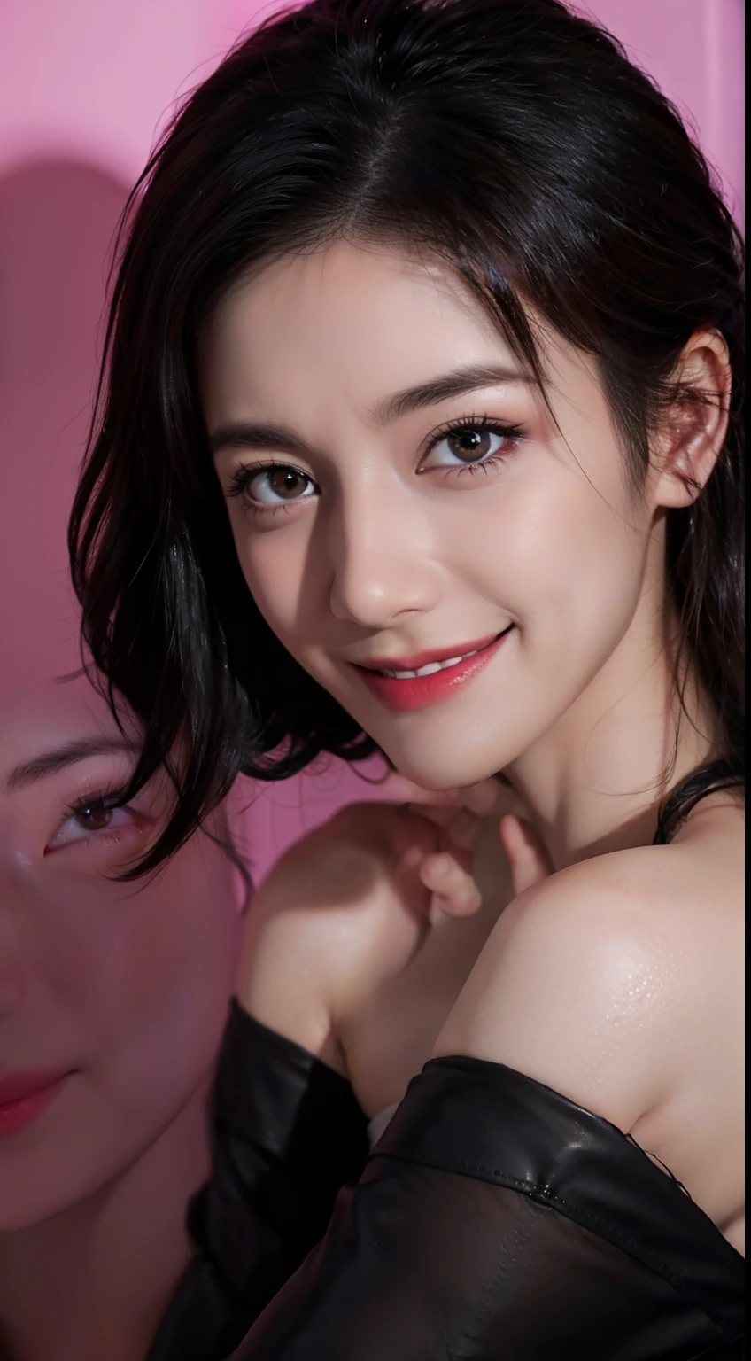 close up, (neon, night view, Dutch angle, from above, strapless: 1.3), masterpiece, best quality, raw photo, photorealistic, off shoulder, black lace dress, black choker, yellow eyes, reddish, updo, upper body, neckline, facelight, shiny skin, film grain, chromatic aberration, absurdres, highres, ultra detailed, finely detailed, detailed eyes and face, sharp pupils, realistic pupils, sharp focus, dark hair, in a room, lights off, happy expression, smiling, upper body, blush, inside a room
