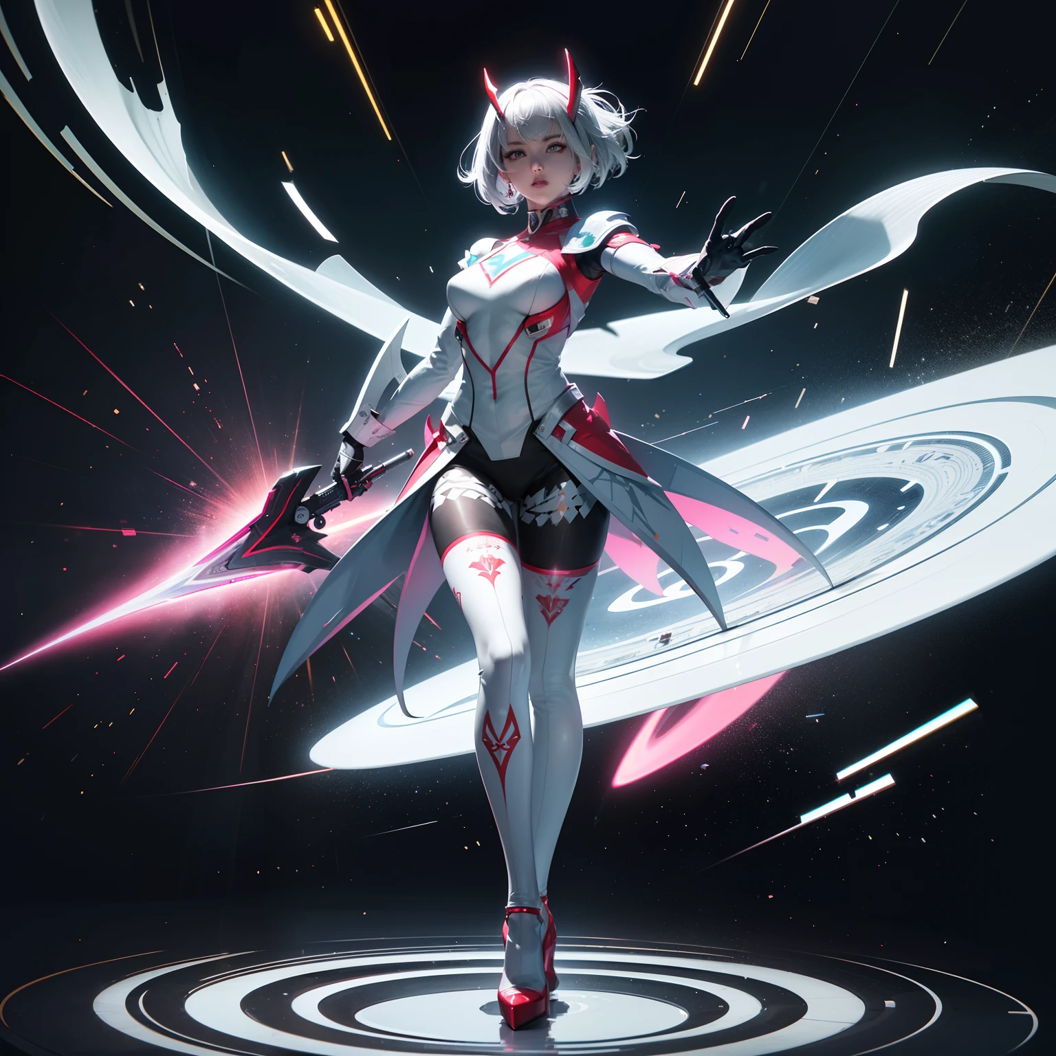 (full body:1.5)，(1girl:1.3),(looking at viewer:1.4)，(anatomy correct:1.3),(Wearing Printed Fantasy Ultraman suit and pointed high heels ，and Very thick Printed ta Pantyhose :1.35), (Light particle effect:1.3),(In pink | amarelo | blue colors| green color |red colors | white colors| black in color| purpleish color| greys| Beige| Flesh color 1.4)，(Glowing eyes:1.3),(Large amplitude action: 1.3)，(Accurate and perfect face:1.4),(Clothing Gloss:1.25),(Skin reflection:1.25),hyper HD, Ray traching, reflective light，structurally correct, Award-Awarded, high detal, lightand shade contrast, Face lighting，cinmatic lighting, tmasterpiece, super detailing, high high quality, high detal, best qualityer, 16k，high contrast,