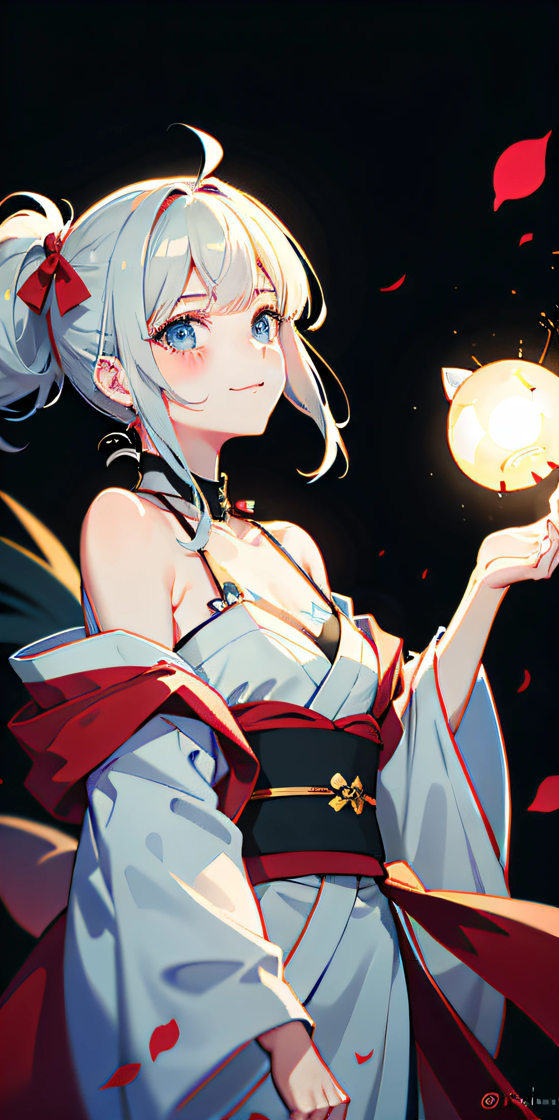 A slight smil，Wear a red bow on your head，blue color eyes，No shoulder strap。