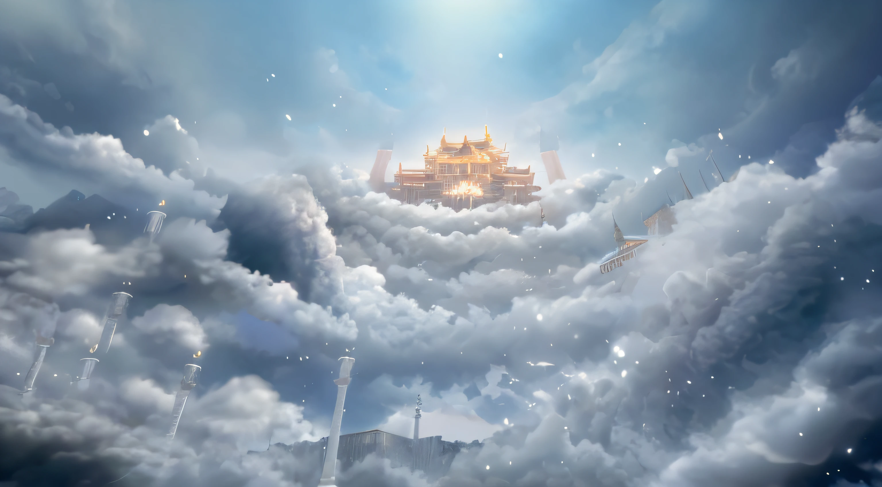 There is a picture of a castle in the clouds with a sky background, floating city on clouds, palace floating in the sky, flying cloud castle, Cloud Palace, Floating city in the sky, palace floating in heaven, castle made of clouds, lie on white clouds fairyland, floating lands in-clouds, 4k highly detailed digital art, paradise background, Temple background