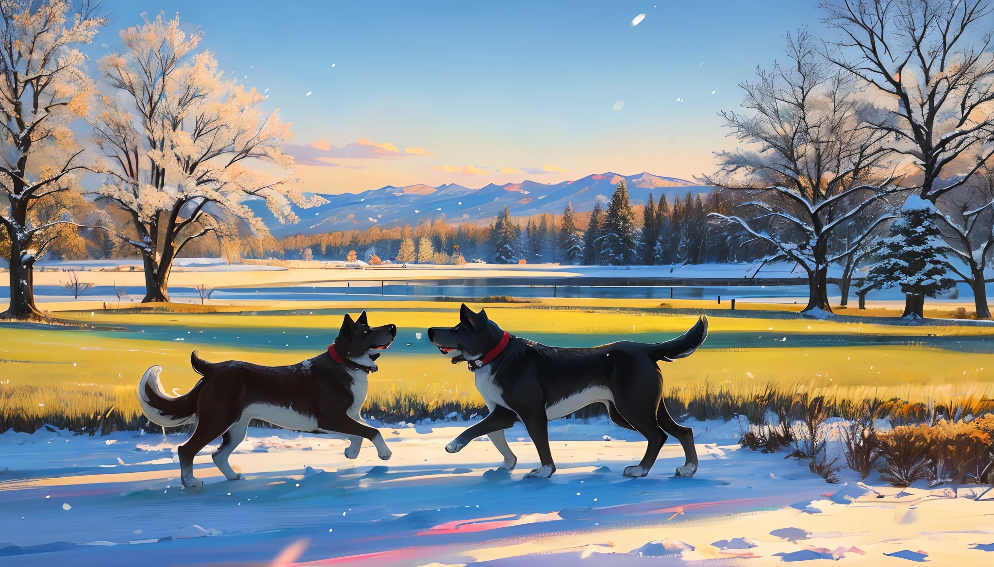doggy，grassy fields，It snows in winter，Realistic painting style