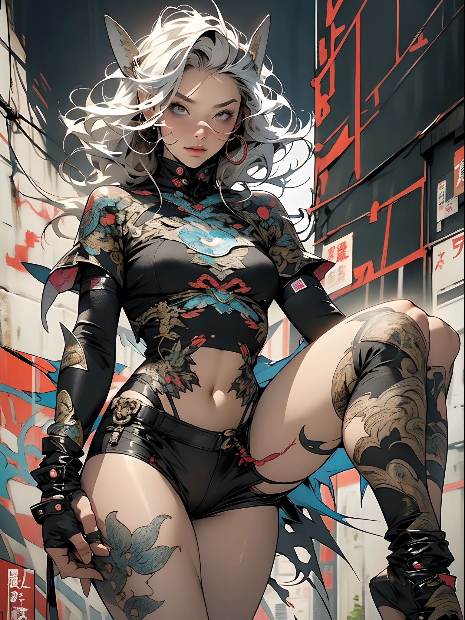 (((mulher))), (((melhor qualidade))), (((obra prima))), (((adulto))), ((( japanese ))), view from the knee up, A beautiful Asian gladiator woman with perfect body, Gladiadores do Brooklyn, Hand with gloves and protection on the left arm made of steel and metal tips, olhos puxados, (( parte de baixo dos peitos aparecendo )), (( Tiny floss )), almost naked in Simon Bisley's urban wilderness style for a high-resolution poster, cabelo liso, Minimum clothing, armadura (roupas loucas ), cheio de pontas e rebites, tatuagem tribal, (((corpo inteiro))), cabelo preto liso com as pontas coloridas