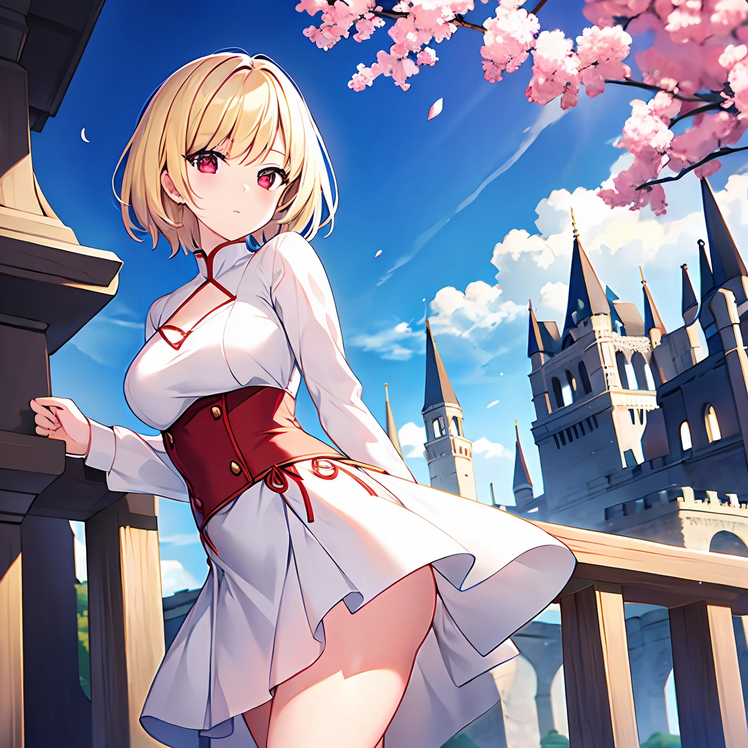 Shorthair、a blond、red eyes、Beautiful girl alone、独奏、animesque、western clothes、a miniskirt、Castles