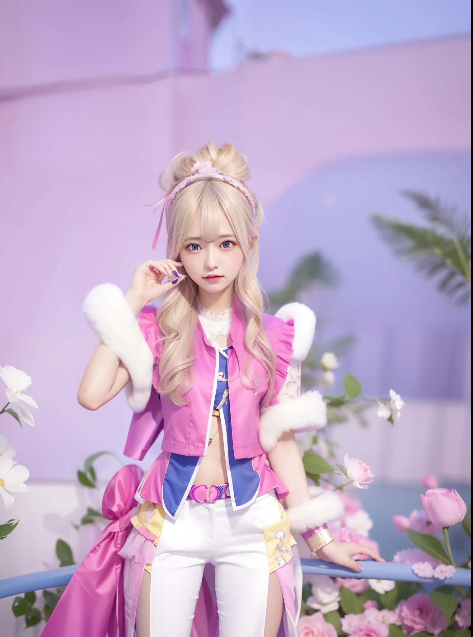 1girl, miya, mobile legends, pink and blue eyes, long hair, yellow hair, attribute pink and white, good, realistis, ultra detail,