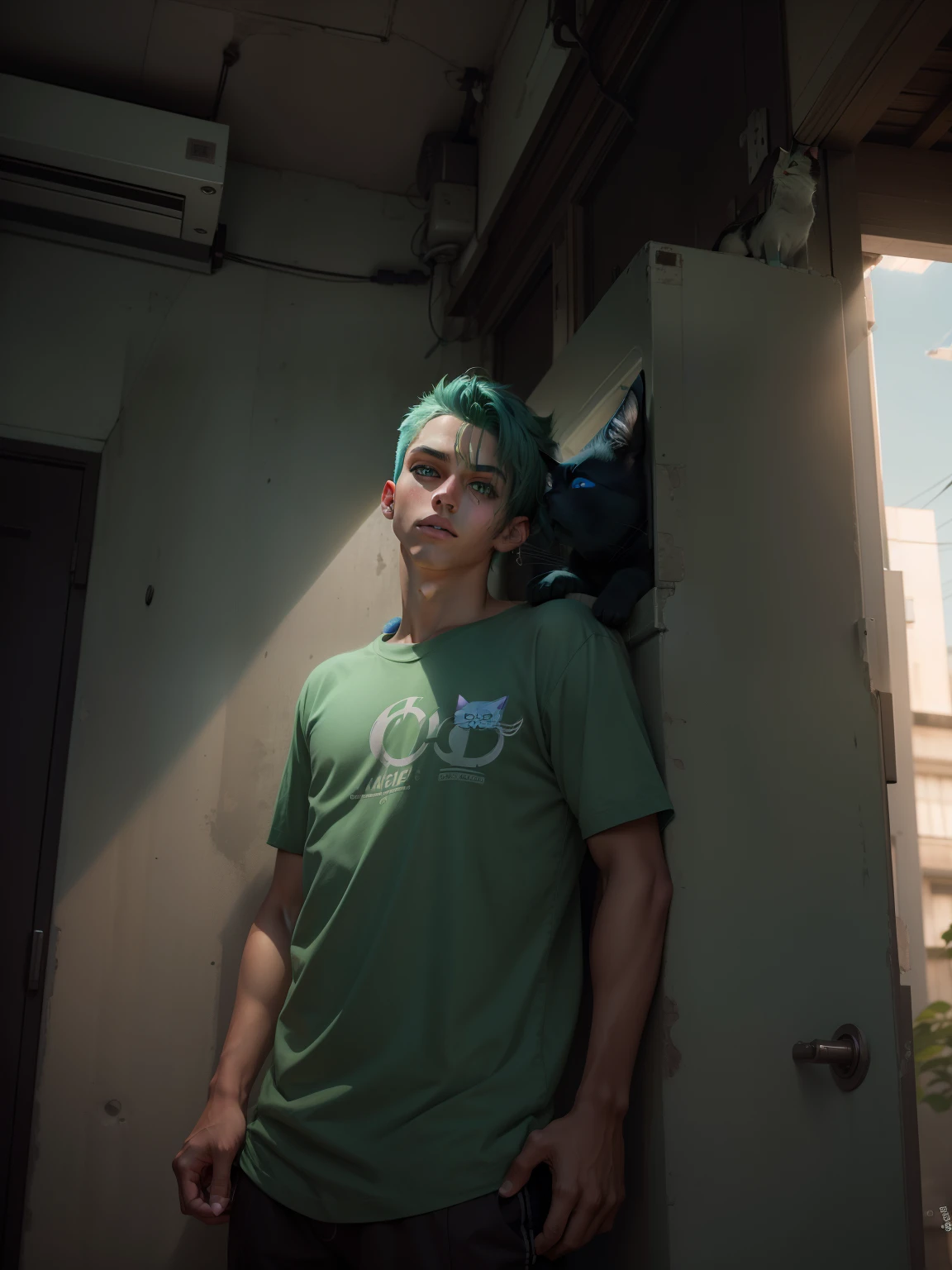 Handsome boy with cat ciberpunk masterpiece ultra -detailliert  green eye blue hair