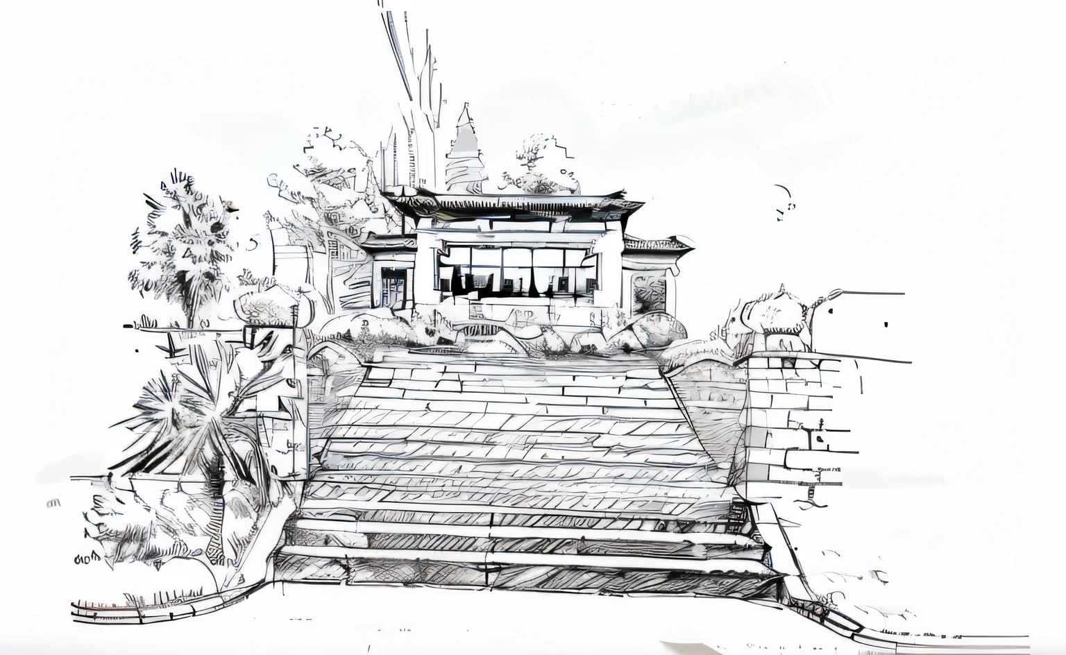 Drawing of a house with a gate and a window, Line sketch, sketch illustratio, professional sketch, black and white detailed sketch, highly detailed sketch, traditional drawing style, detailed sketch, a sketch, Architectural sketch, artist sketch, Black and white sketch, concept piece, concept sketches, inspired by Lu Zhi, Rough sketch, old sketch, drawing architecture, conceptual drawing，