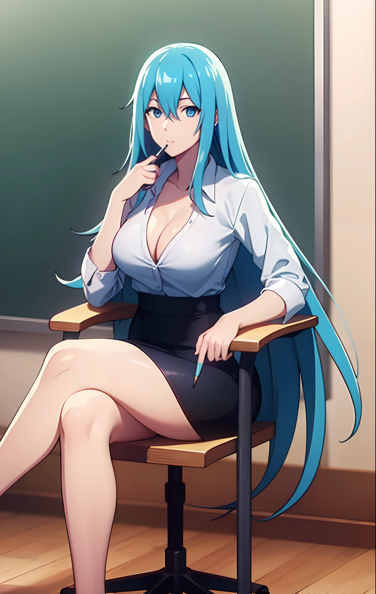 vivy, blue eyes, blue hair, pencil skirt, sitting on chair, white shirt, class, blackboard, crossed legs,(Cleavage:0.8)