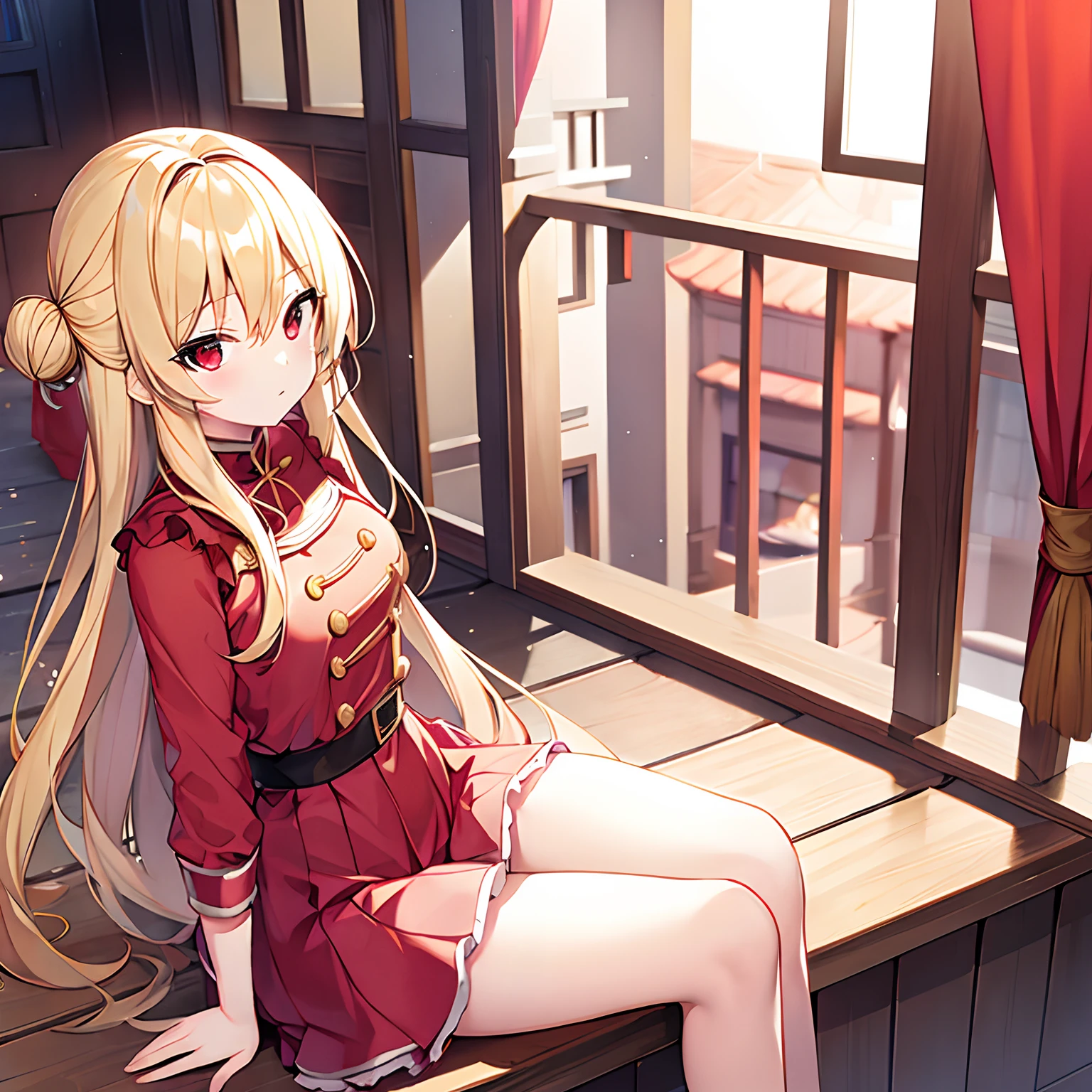 a blond、red eyes、Beautiful girl alone、独奏、animesque、borgar、Fluffy clothes、a miniskirt、sitting on