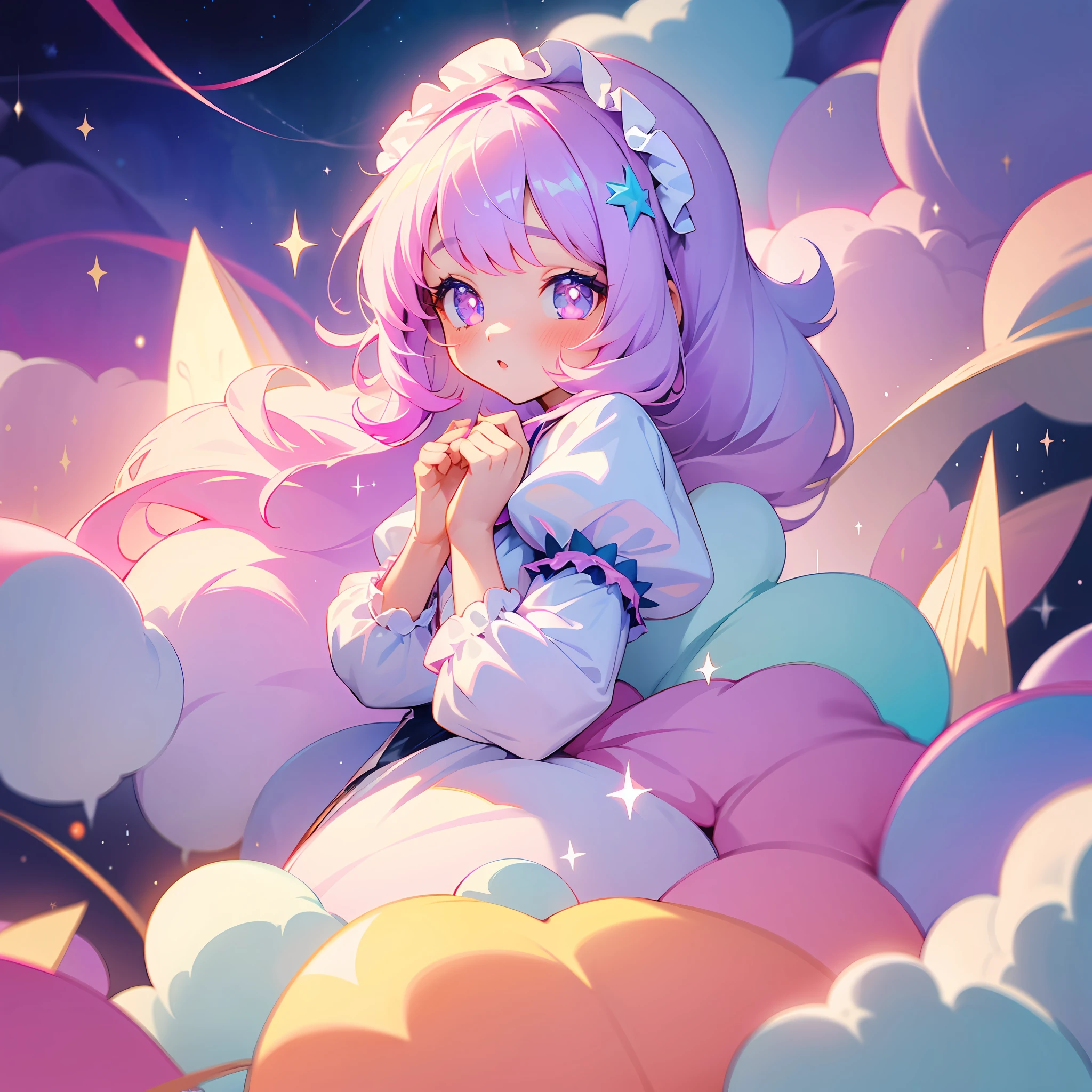 1girl, solo, adorable, cute, pastel colors ,dreamy, glitter, stars, lucid dream, plushies, above clouds, long hair, star shaped pupils, fluffy dress, puffy sleeves, ribbon collar,
