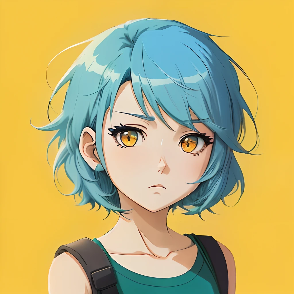 (Produced in anime and manga style,Anime girl with blue hair and yellow eyes,flat anime style shading,sad cerulean eyes,Anime style portrait,Flat anime style,blue-shirt,Blue,2 d anime style,anime moe art style,painttoolsai!!,Anime Stylization,made with anime painter studio,with blue hair)