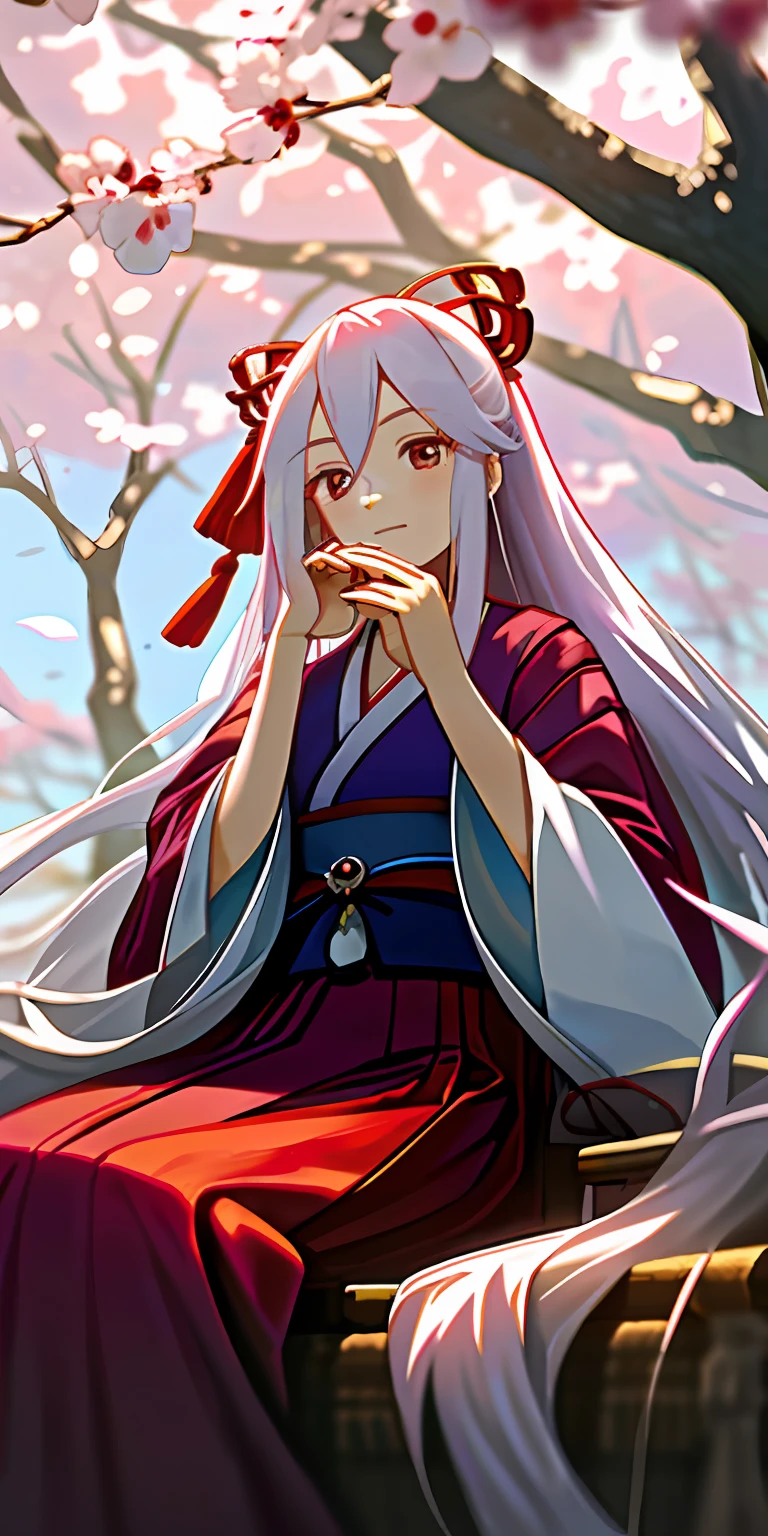(tmasterpiece,best qualtiy),1 girl with long white hair sitting under a red plum tree,her hand under her chin,Cold wind,Red and blue Hanfu,Blurred foreground