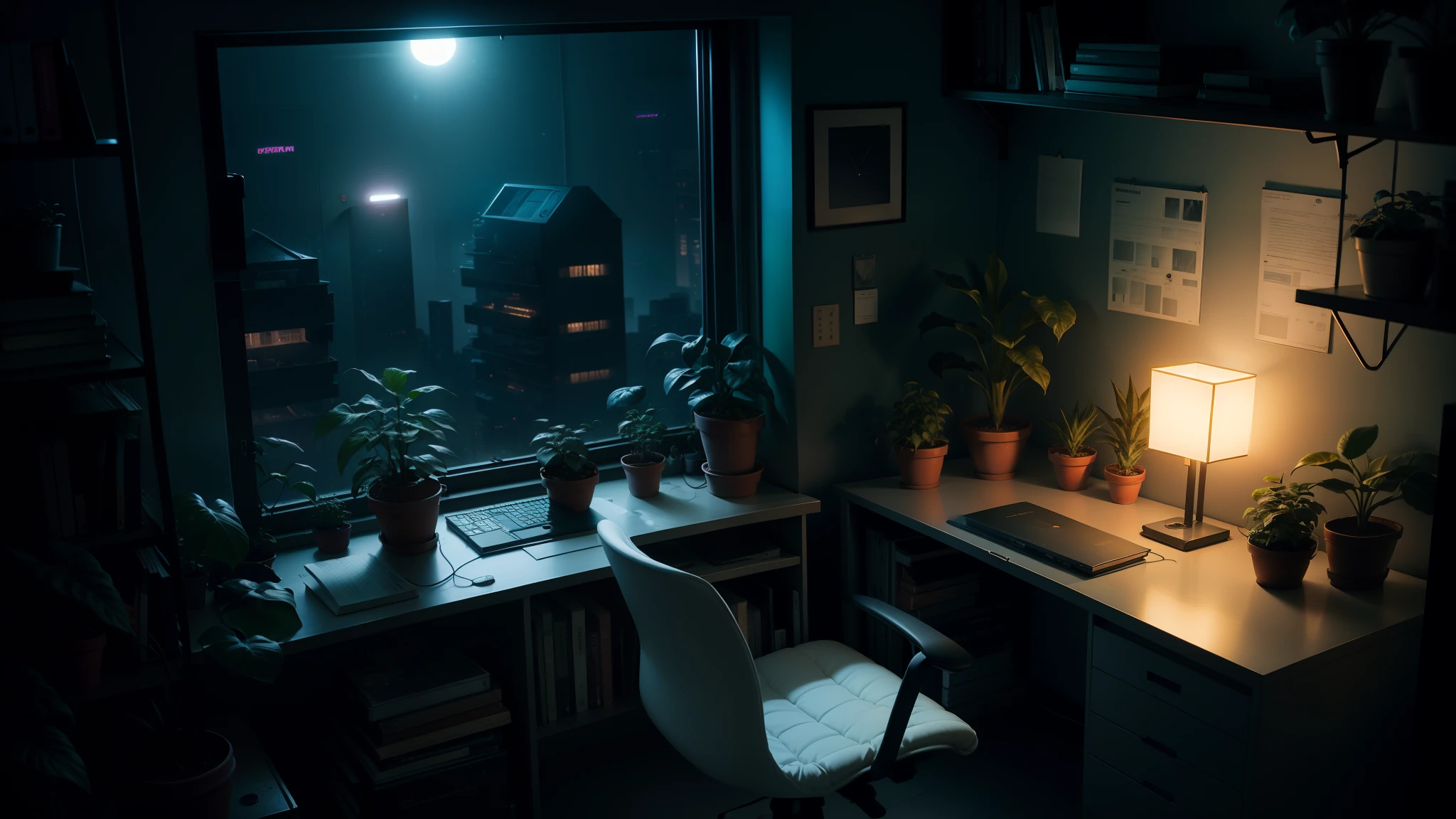 room at night, ciberpunk, computer desk, houseplants, Books, computer, Space outside the window