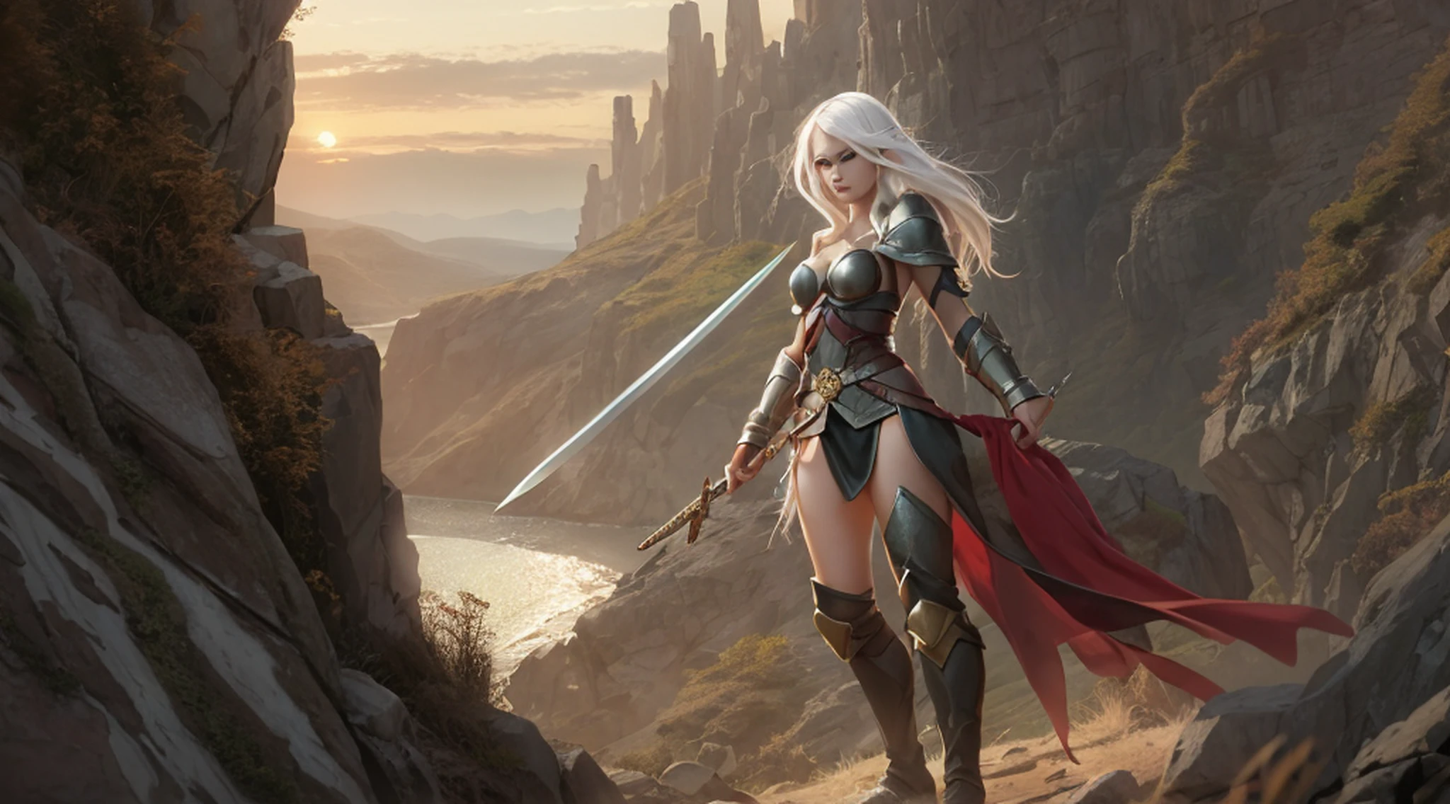 1 tall elf woman, with beautiful white hair, best quality, (beauty), narrow waist, thin, big eyes, long legs, (small breasts), swollen eyes, facing the cliff, late afternoon, (sunset), facing the viewer, fighting posture, (holding a sword and shield), a cold expression, gold and black armor all over her body.