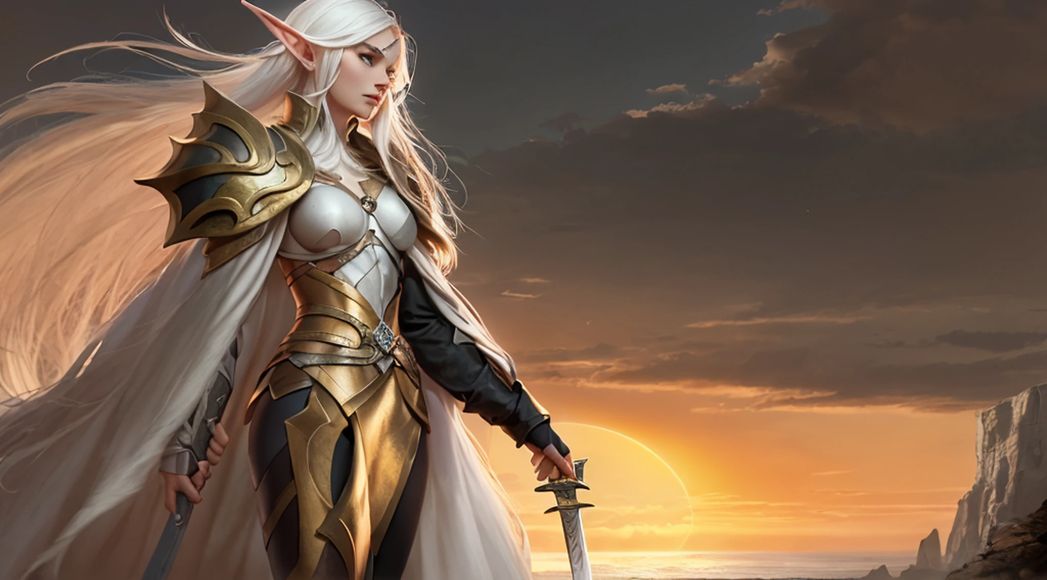 1 tall elf woman, with beautiful white hair, best quality, (beauty), narrow waist, thin, big eyes, long legs, (small breasts), swollen eyes, facing the cliff, late afternoon, (sunset), facing the viewer, fighting posture, (holding a sword and shield), a cold expression, gold and black armor all over her body.